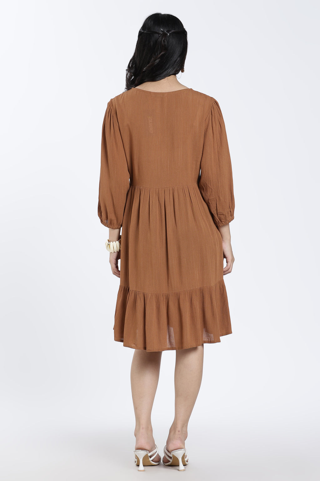 Brown Bishop Sleeves Regular Fit Dress for Women - Image 5