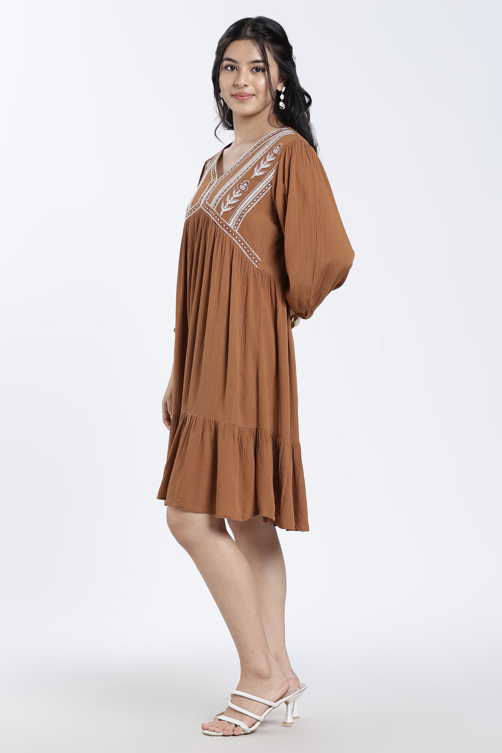 Brown Bishop Sleeves Regular Fit Dress for Women - Image 6