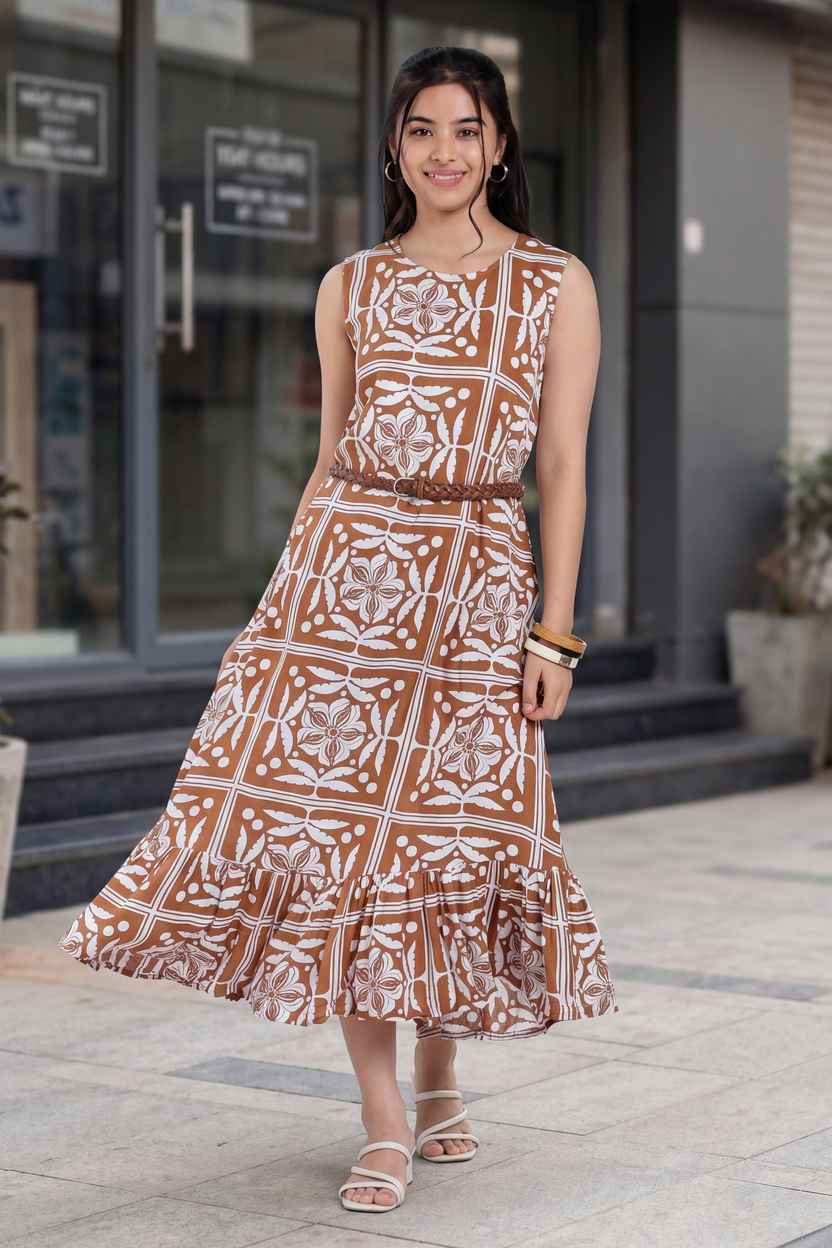 Brown Gathered Regular Fit Dress For Women - Image 1