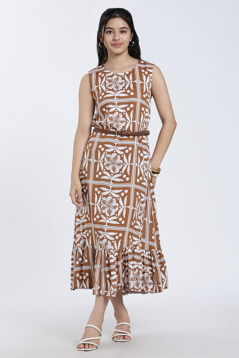 Brown Gathered Regular Fit Dress For Women - Image 2