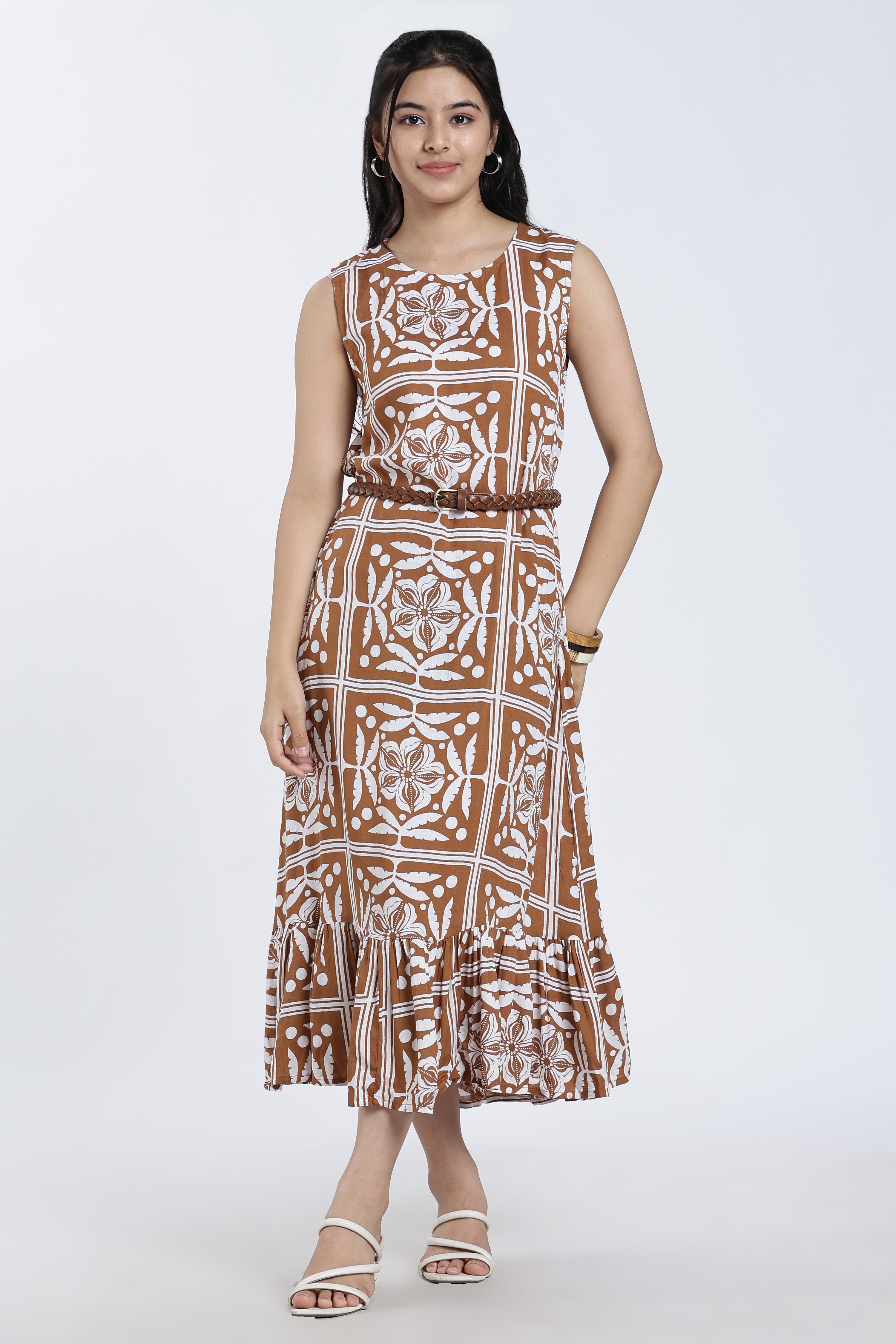 Brown Gathered Regular Fit Dress for Women - Image 2