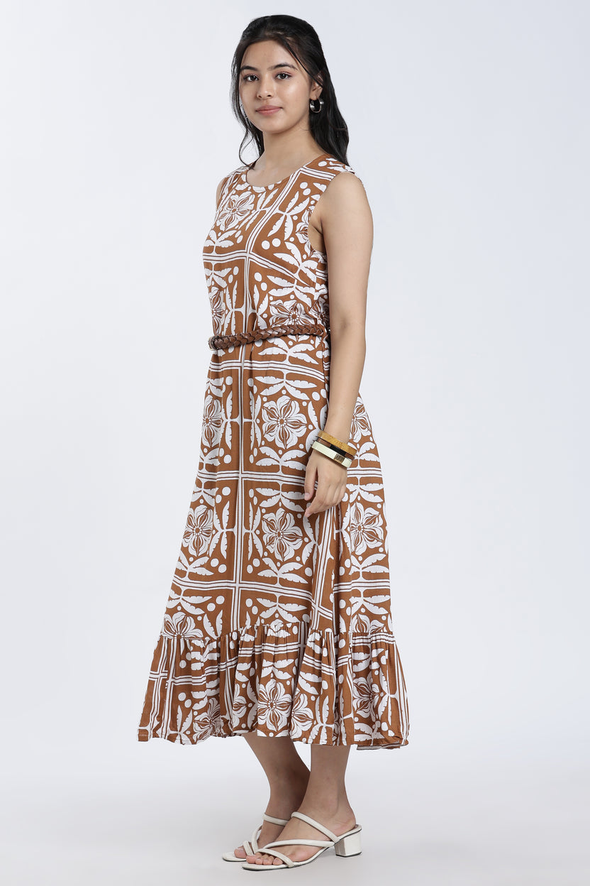 Brown Gathered Regular Fit Dress For Women - Image 4