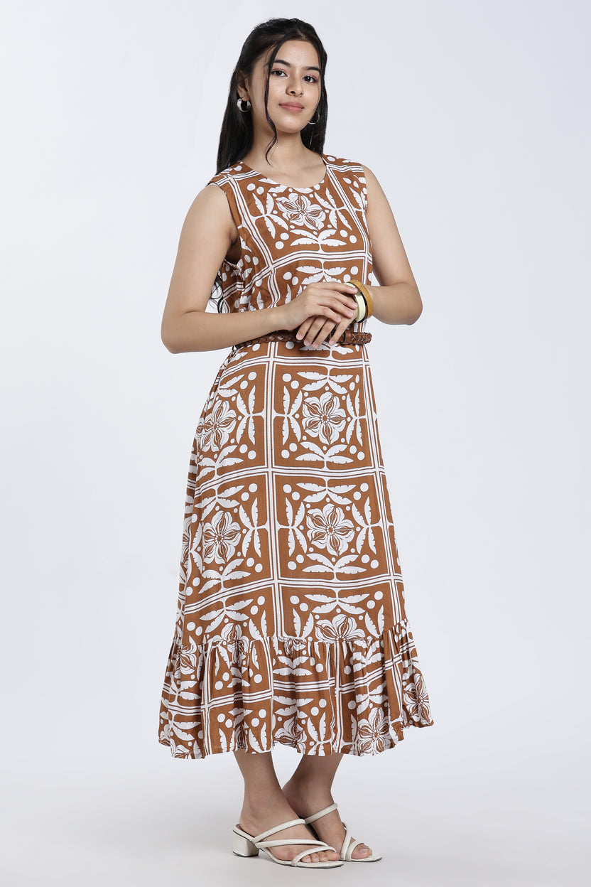 Brown Gathered Regular Fit Dress For Women - Image 6