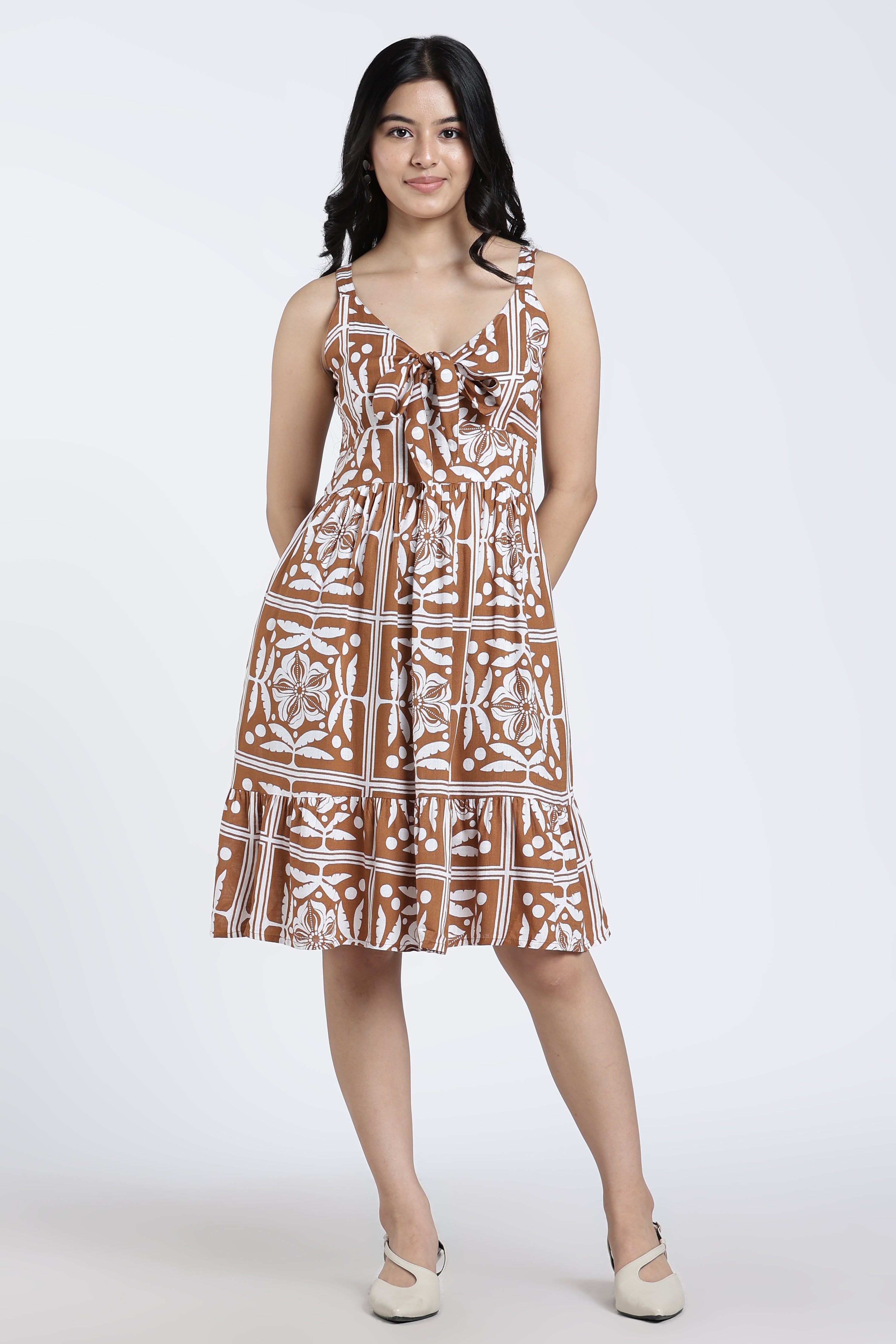 Brown Tied Up Regular Fit Dress for Women - Image 2