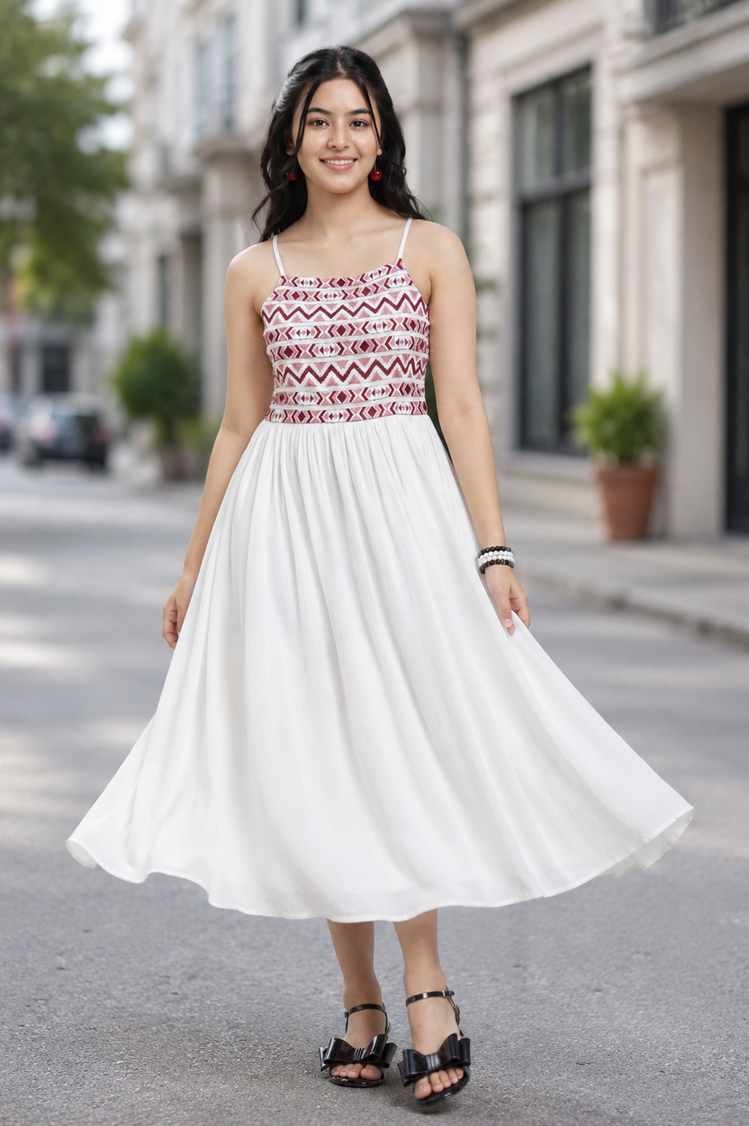 Off White Shoulder Straps Sleeves Regular Fit Dress For Women - Image 1