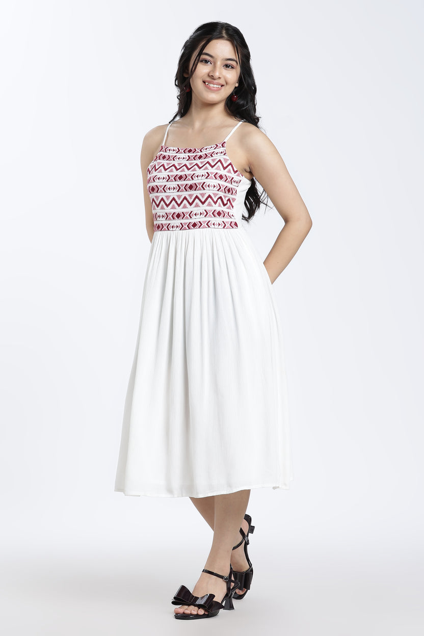 Off White Shoulder Straps Sleeves Regular Fit Dress For Women - Image 4