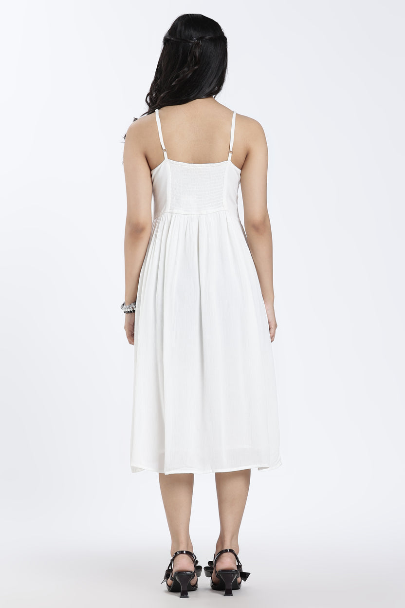 Off White Shoulder Straps Sleeves Regular Fit Dress For Women - Image 5
