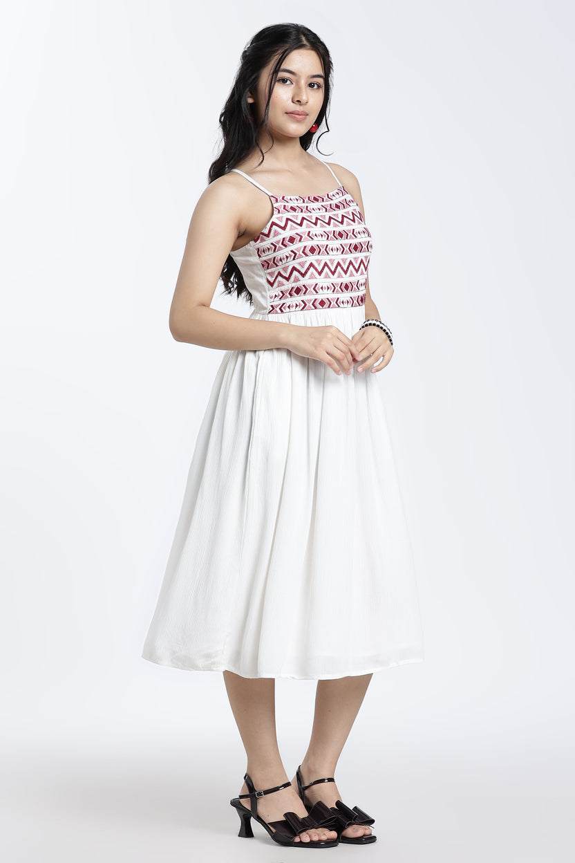 Off White Shoulder Straps Sleeves Regular Fit Dress For Women - Image 6