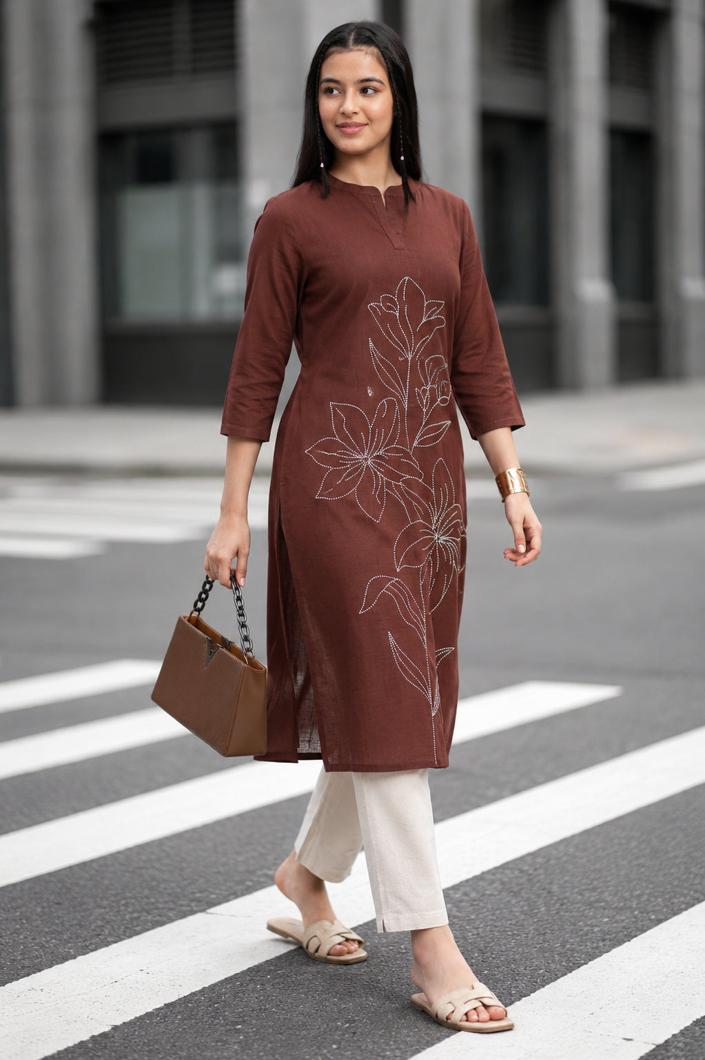 Chocolate Embroidered Regular Fit Kurta for Women - Image 1