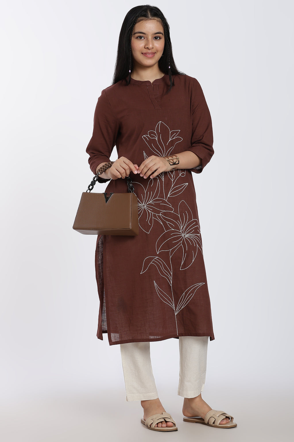 Chocolate Embroidered Regular Fit Kurta for Women - Image 2