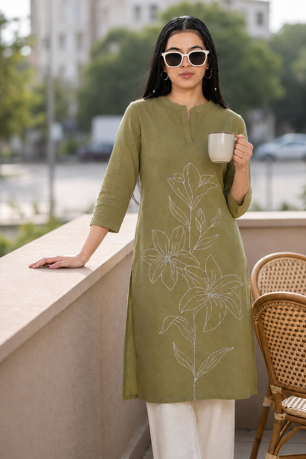 Olive Embroidered Regular Fit Kurta for Women - Image 1