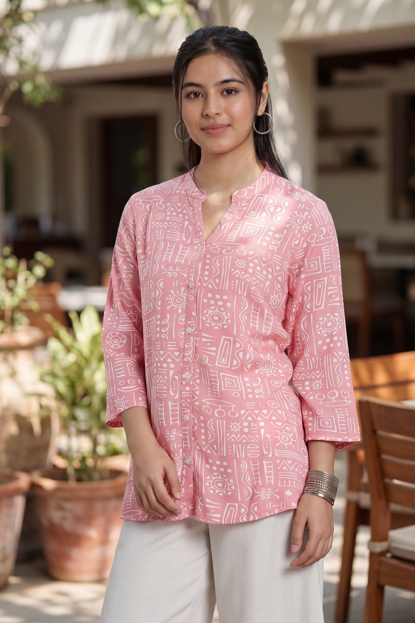 Peach Patterned Regular Fit Tunic For Women - Image 1