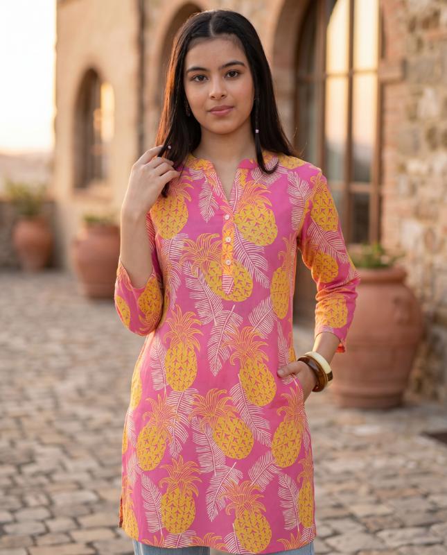 Pink Tropical Regular Fit Kurta For Women - Image 1