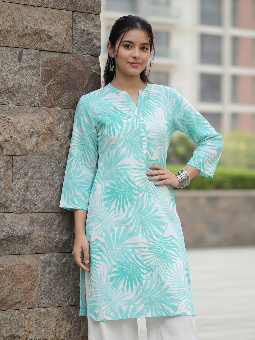 Aqua Leaf Print Regular Fit Kurta for Women - Image 1