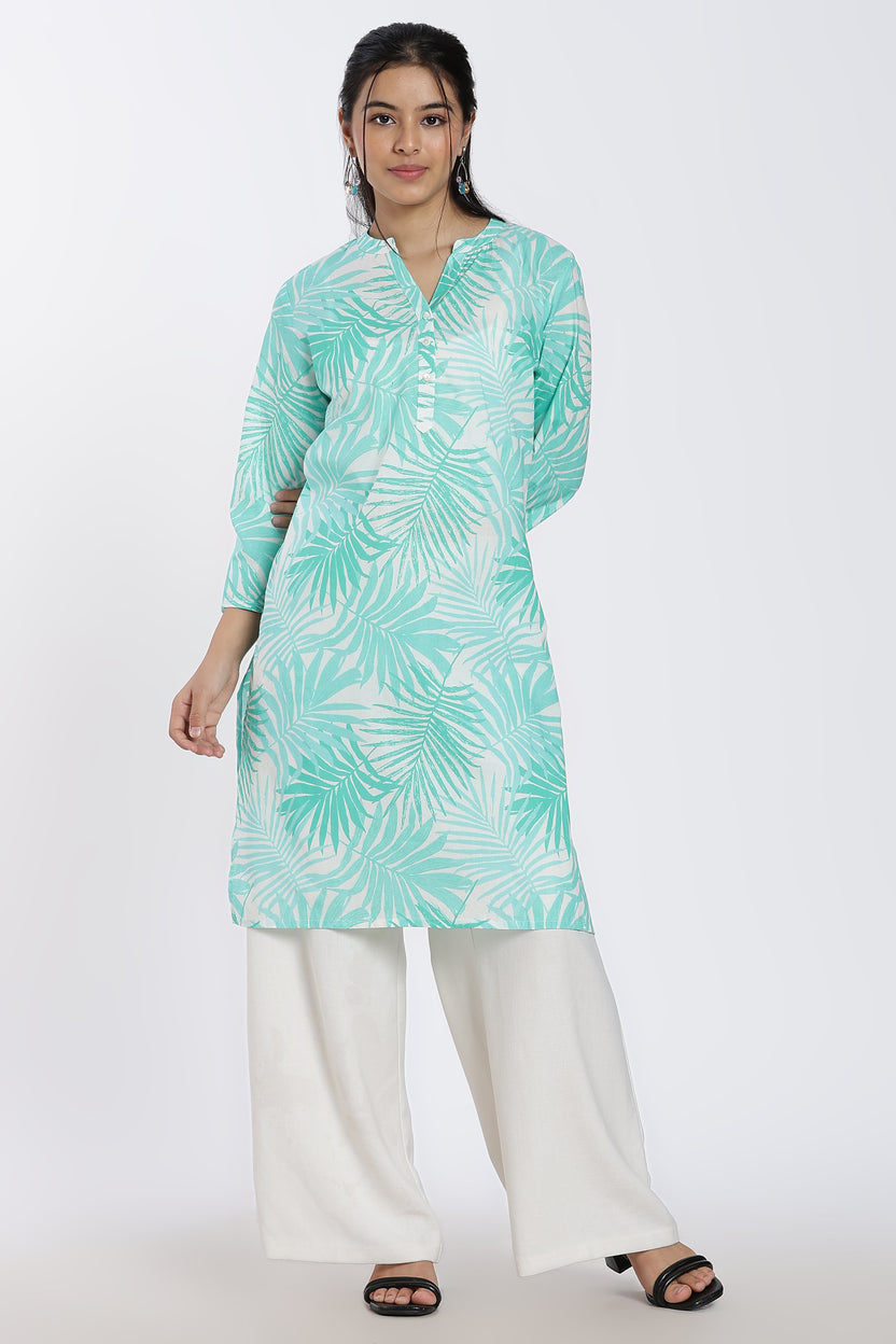 Aqua Leaf Print Regular Fit Kurta for Women - Image 2