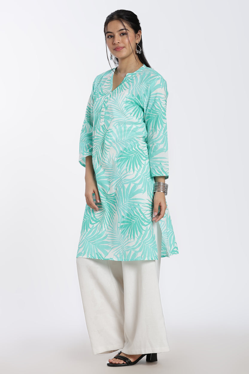 Aqua Leaf Print Regular Fit Kurta for Women - Image 4