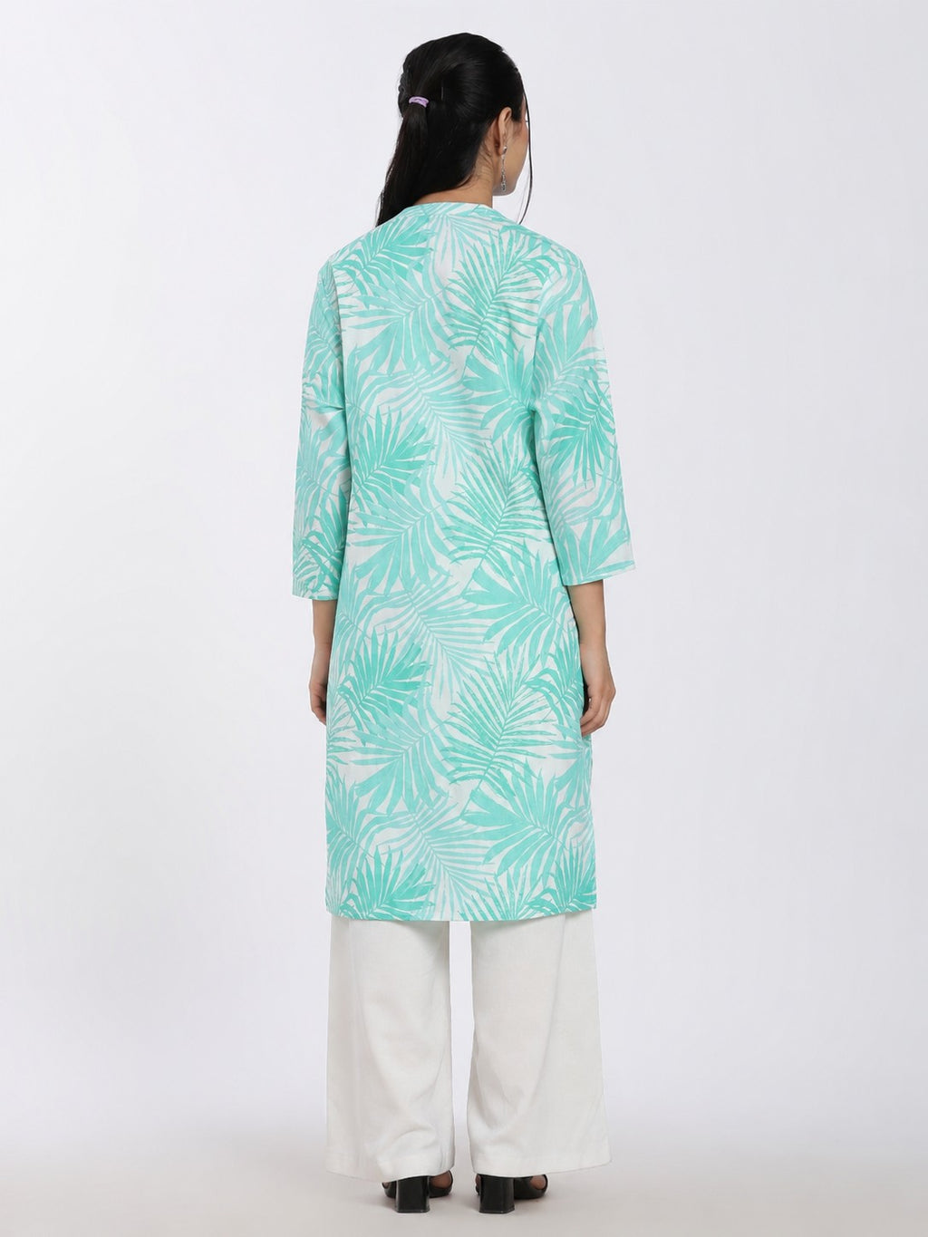 Aqua Leaf Print Regular Fit Kurta for Women - Image 5