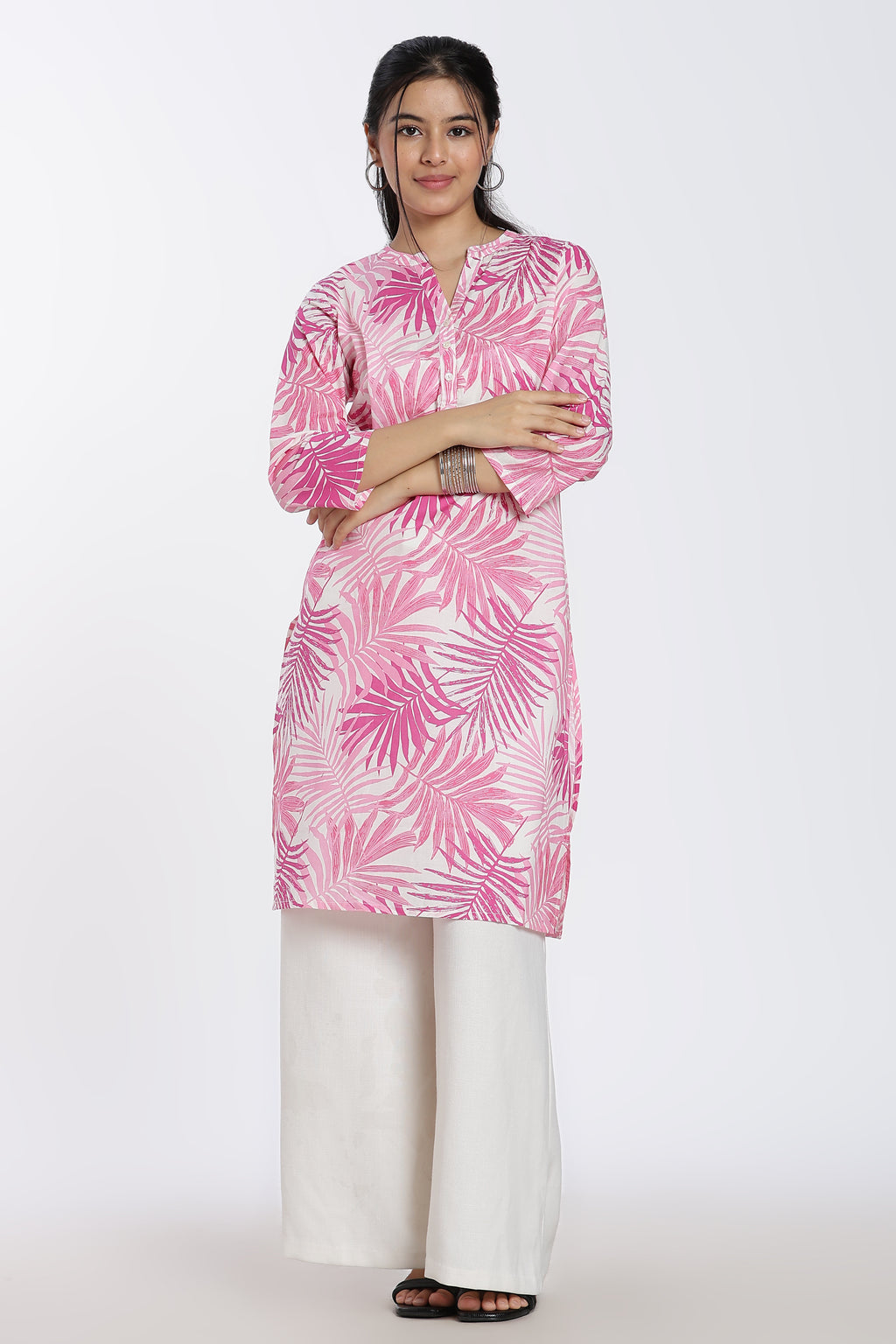 Pink Leaf Print Regular Fit Kurta for Women - Image 2
