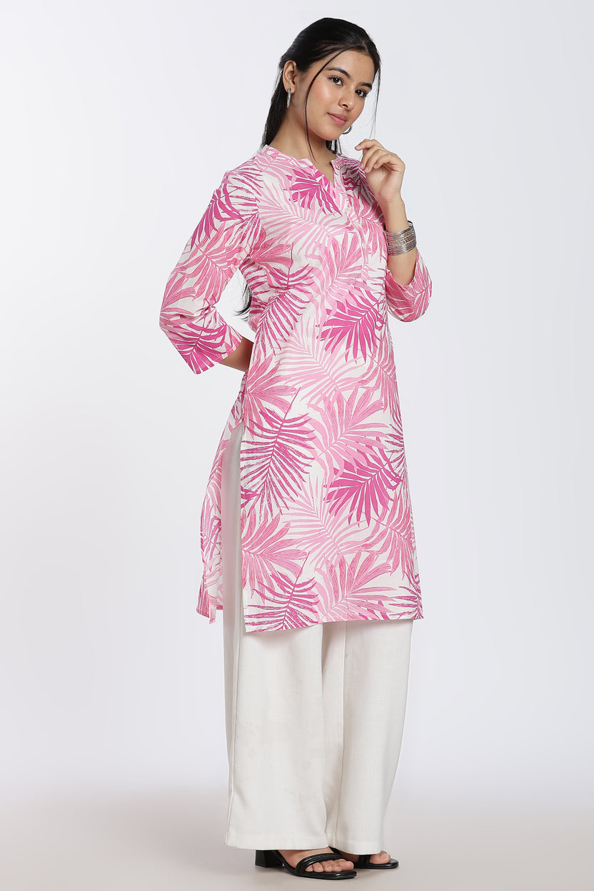 Pink Leaf Print Regular Fit Kurta for Women - Image 4