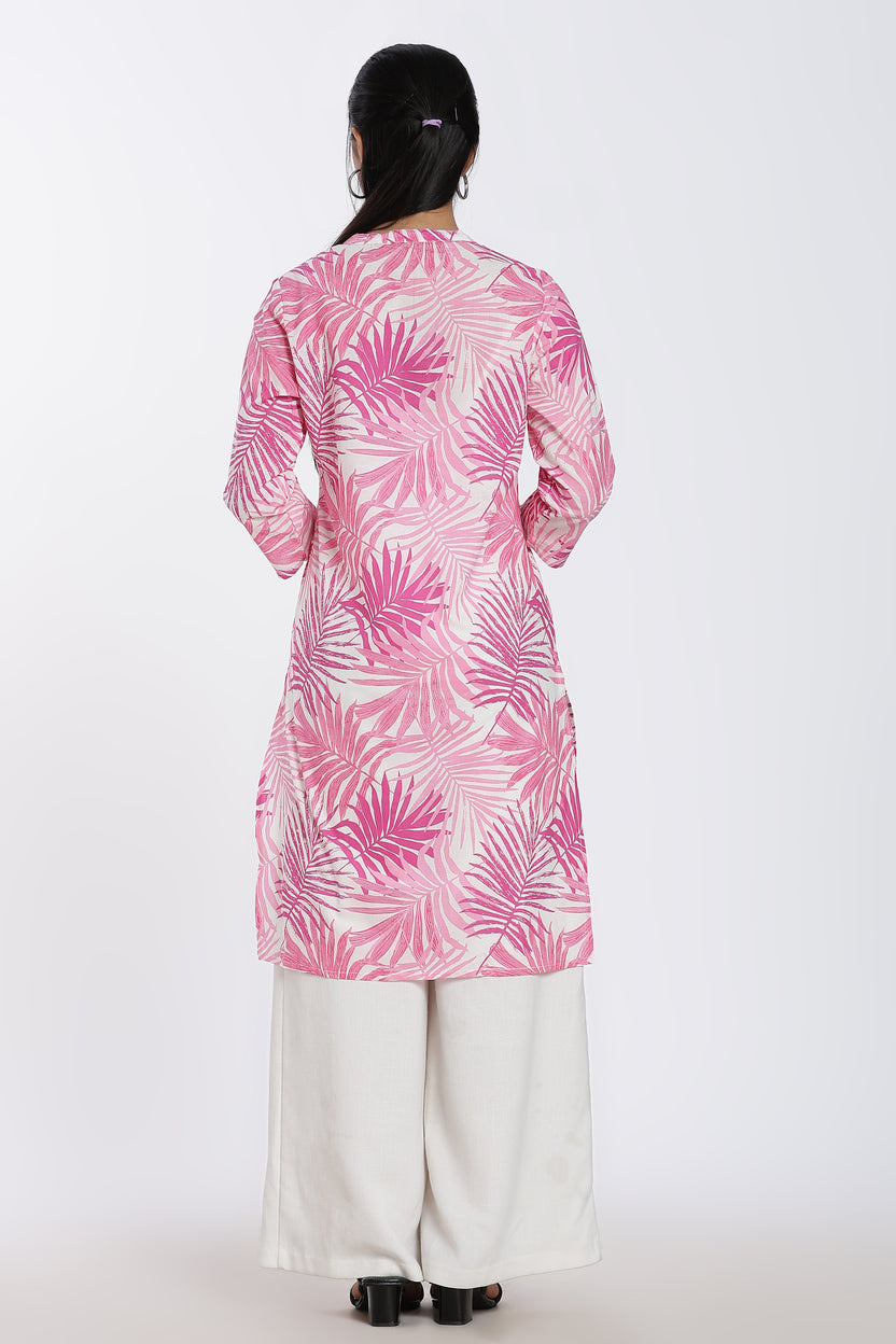 Pink Leaf Print Regular Fit Kurta for Women - Image 5