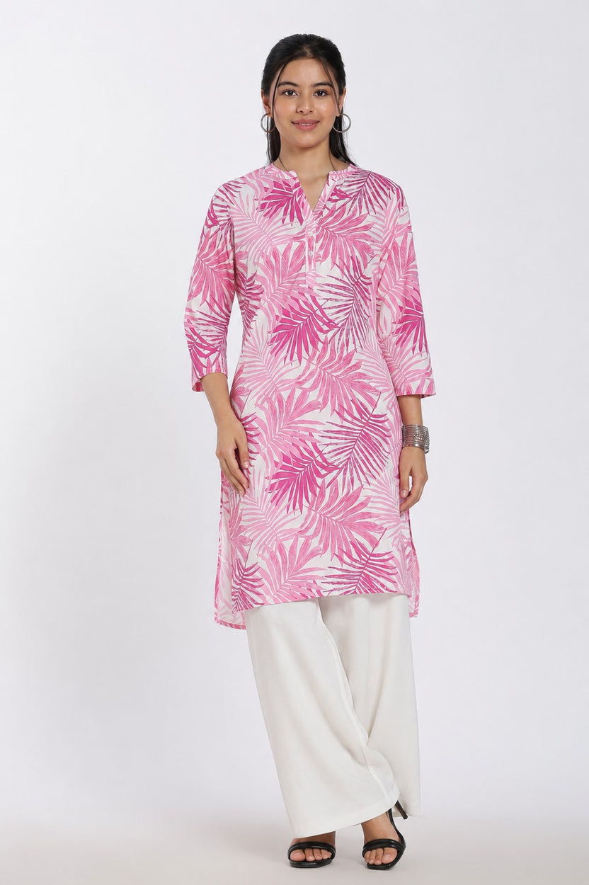 Pink Leaf Print Regular Fit Kurta for Women - Image 6