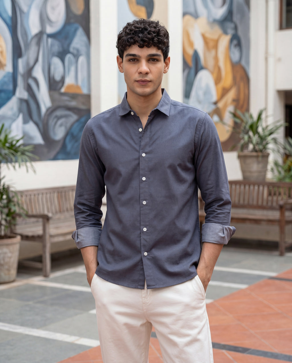 Grey Cotton Regular Fit Shirt for Men - Image 1