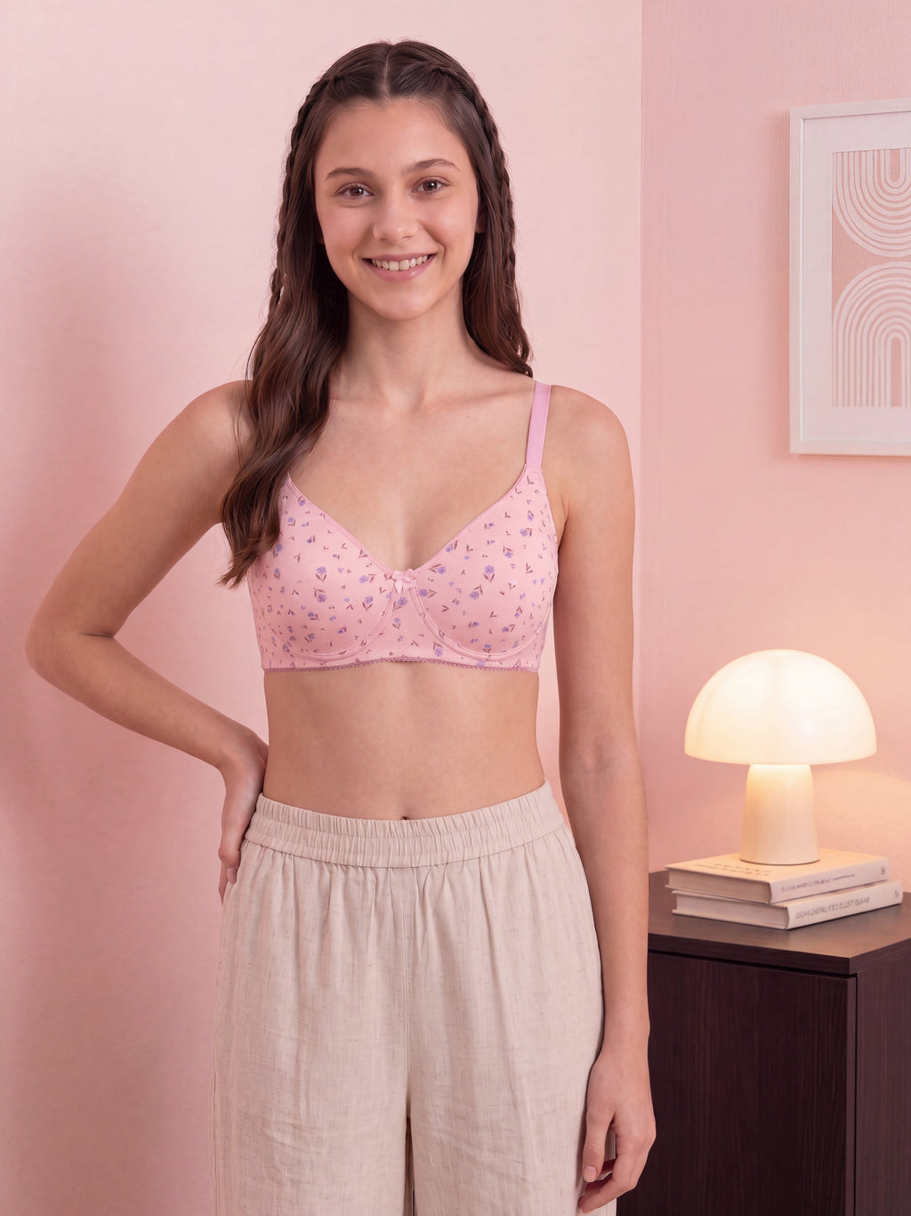 Pink Floral Cotton Blend Bra for Women - Image 1
