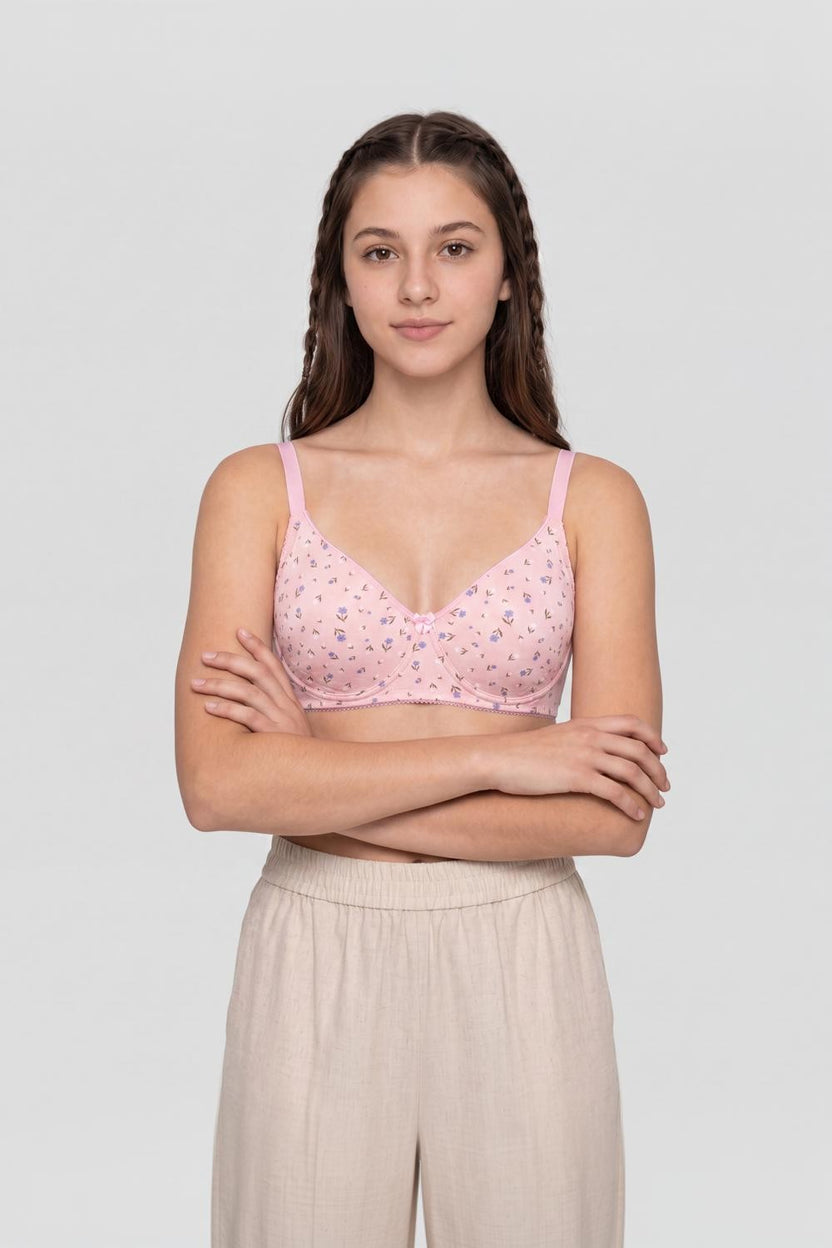 Pink Floral Cotton Blend Bra for Women - Image 2
