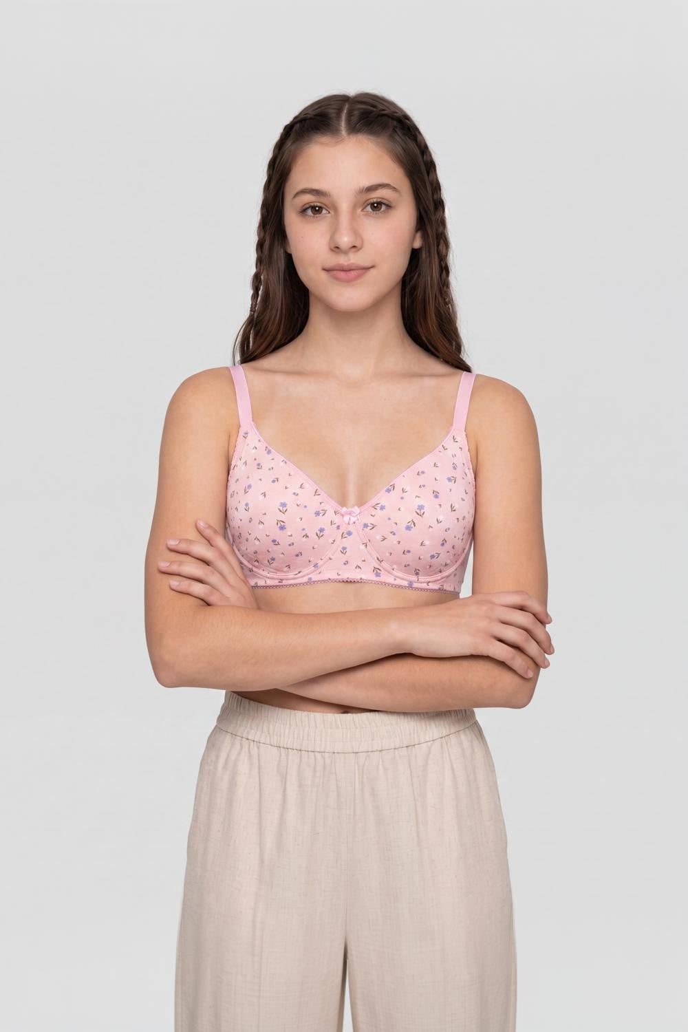 Pink Floral Cotton Blend Bra for Women - Image 2