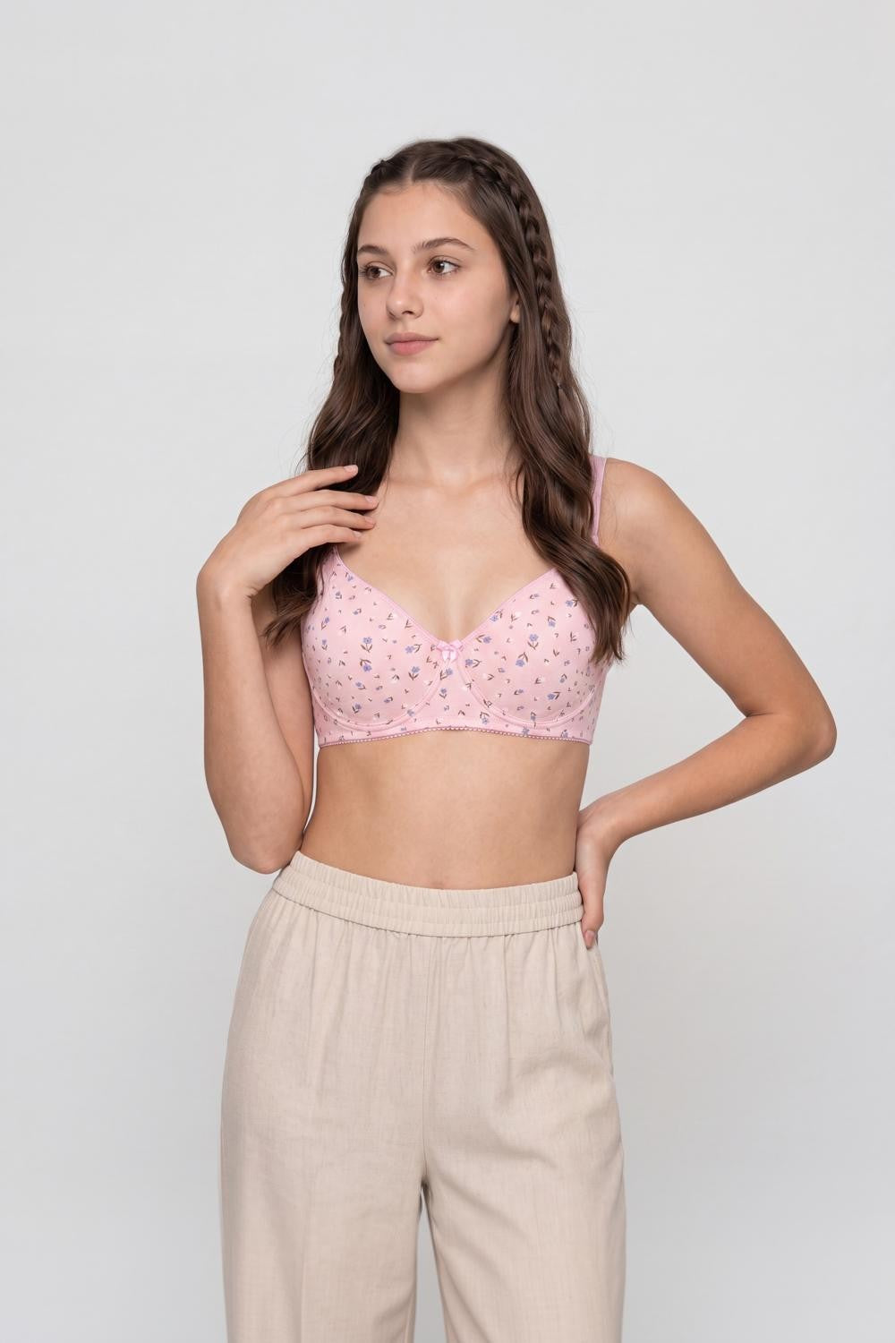 Pink Floral Cotton Blend Bra for Women - Image 3