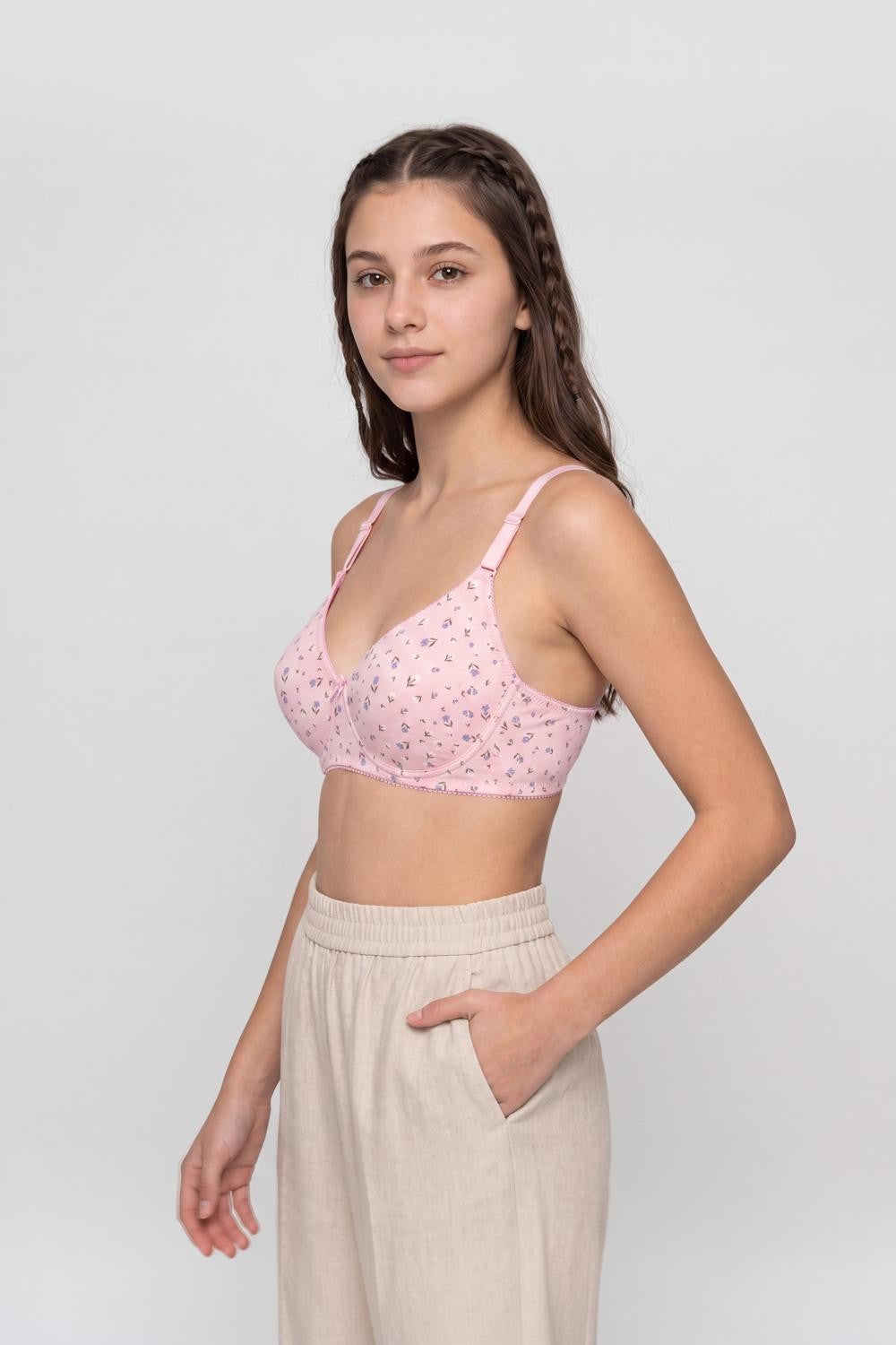 Pink Floral Cotton Blend Bra for Women - Image 4
