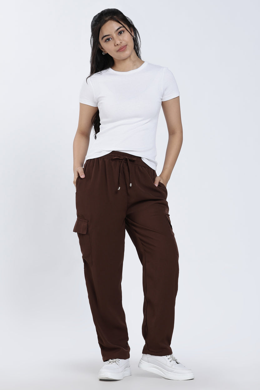 Chocolate 4 Pocketed Regular Fit Cargo Trouser for Women - Image 6