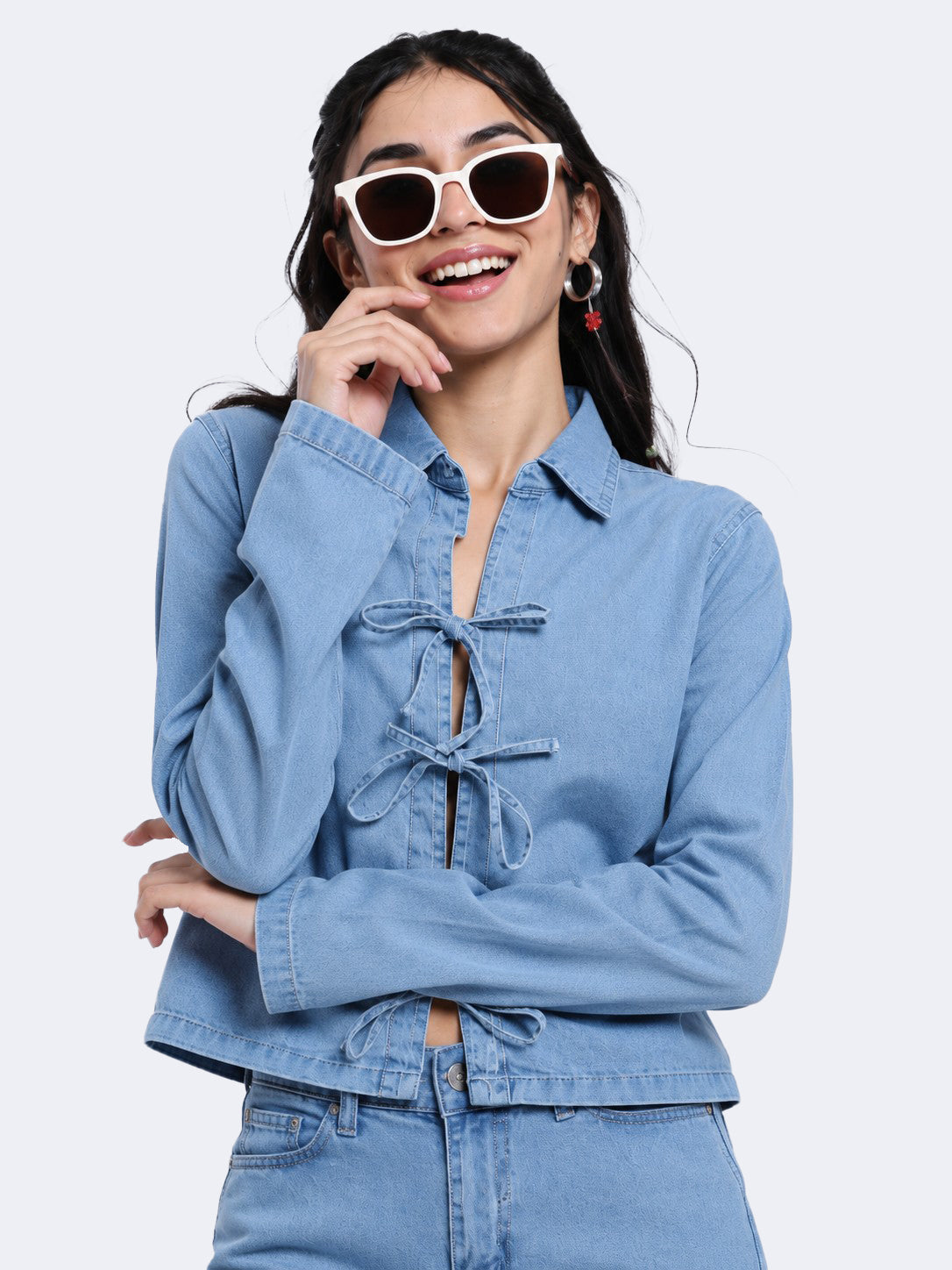 Light Blue Tie Detail Denim Top for Women - Image 1