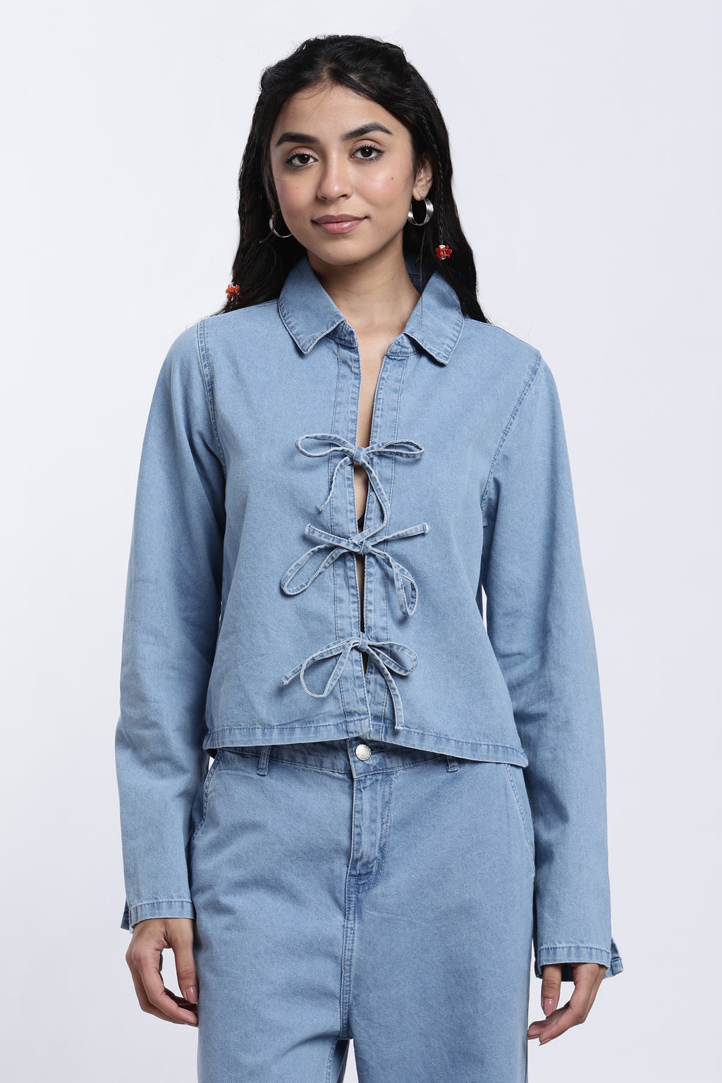 Light Blue Tie Detail Denim Top for Women - Image 2