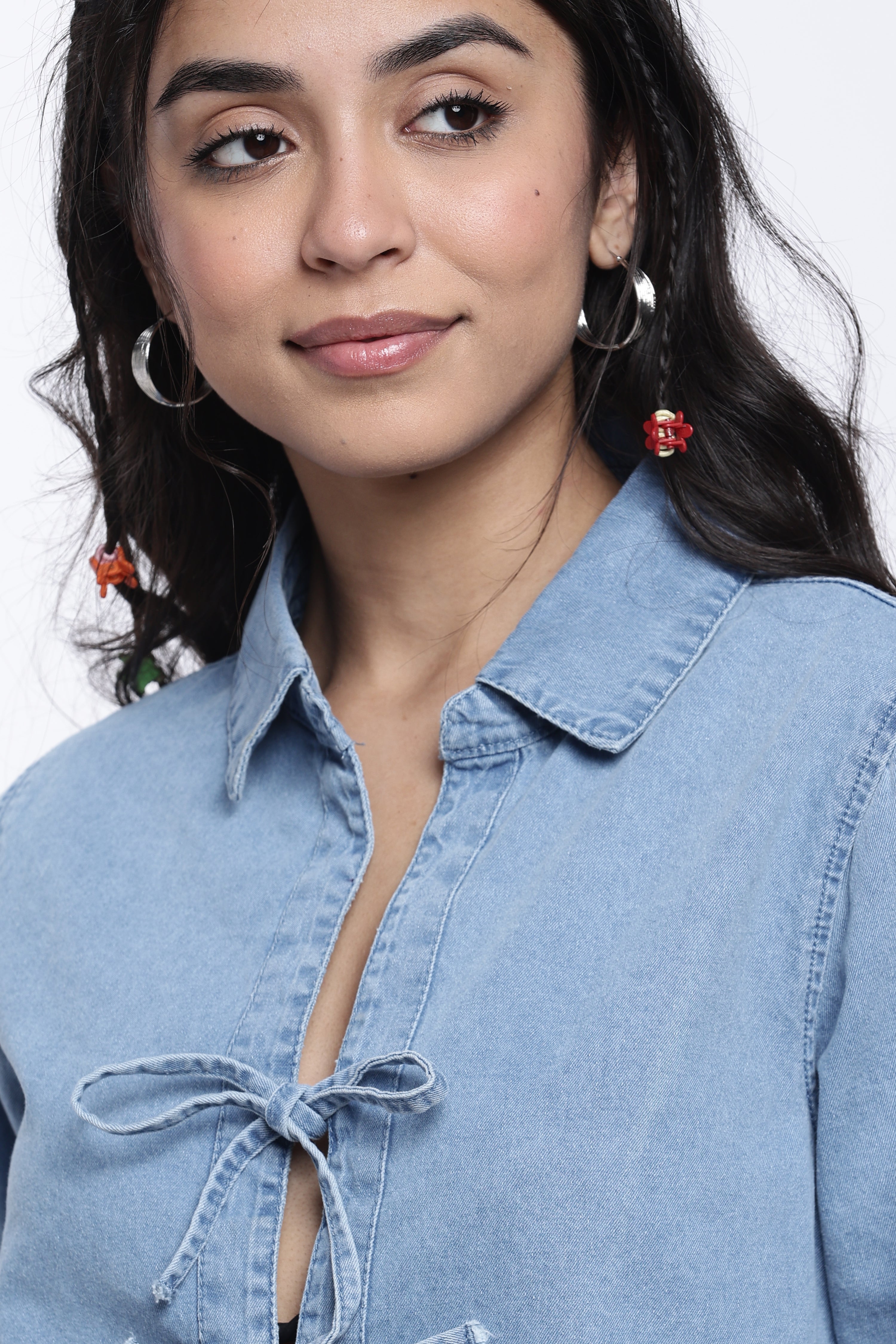 Light Blue Tie Detail Denim Top for Women - Image 3