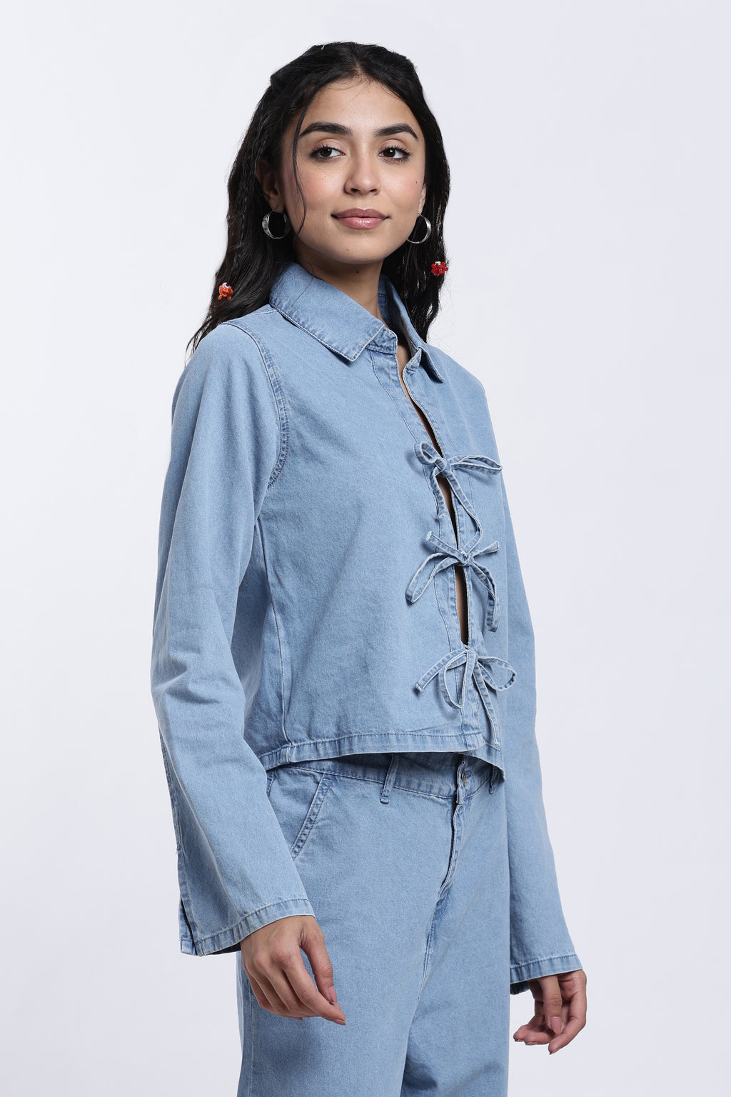 Light Blue Tie Detail Denim Top for Women - Image 4