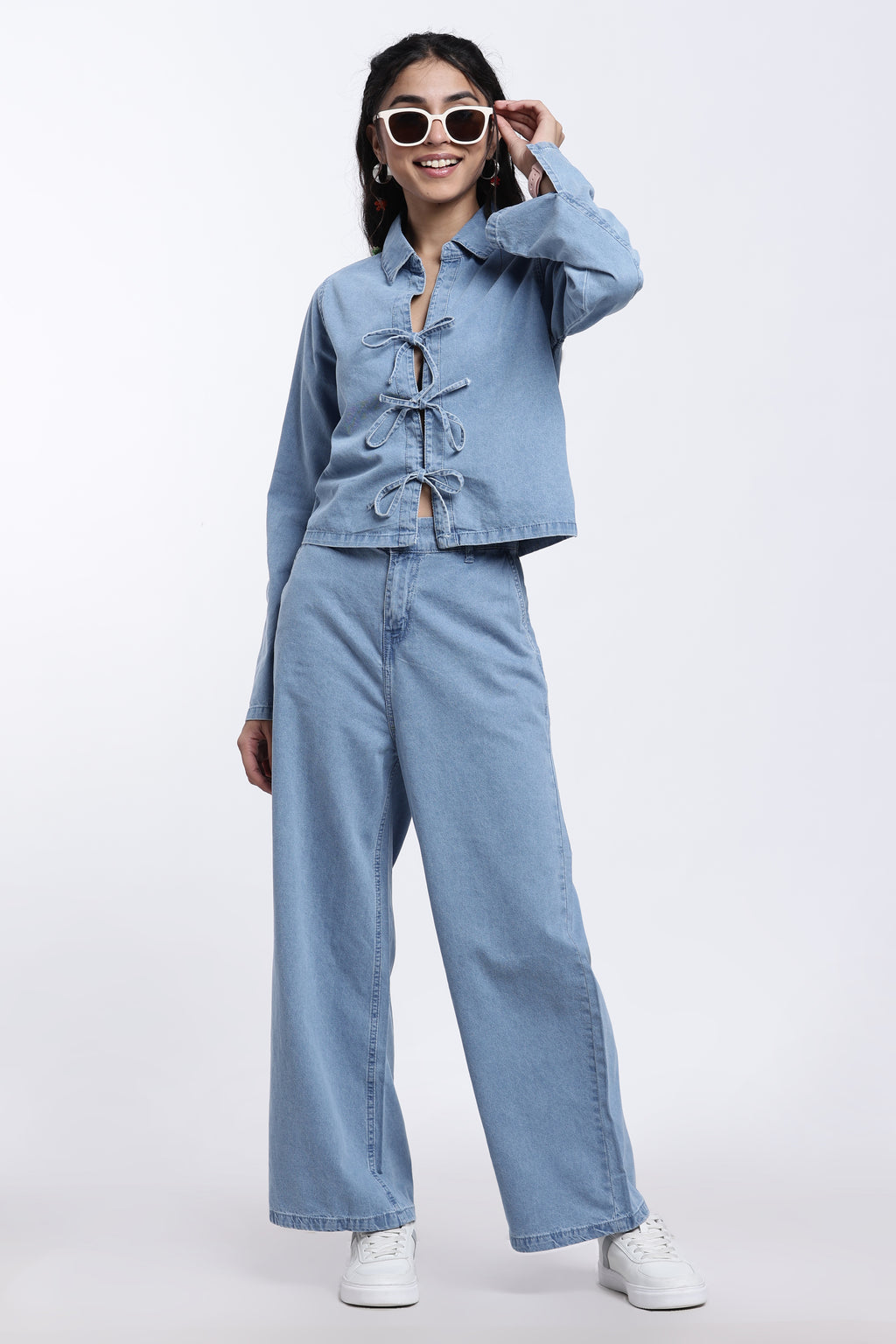 Light Blue Tie Detail Denim Top for Women - Image 6