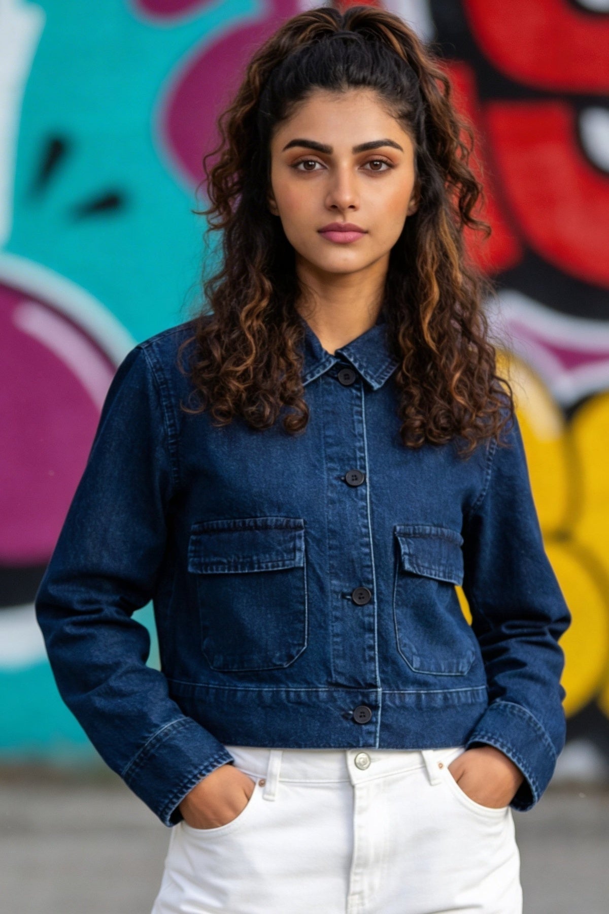 Blue Solid Regular Fit Denim Jacket for Women - Image 1