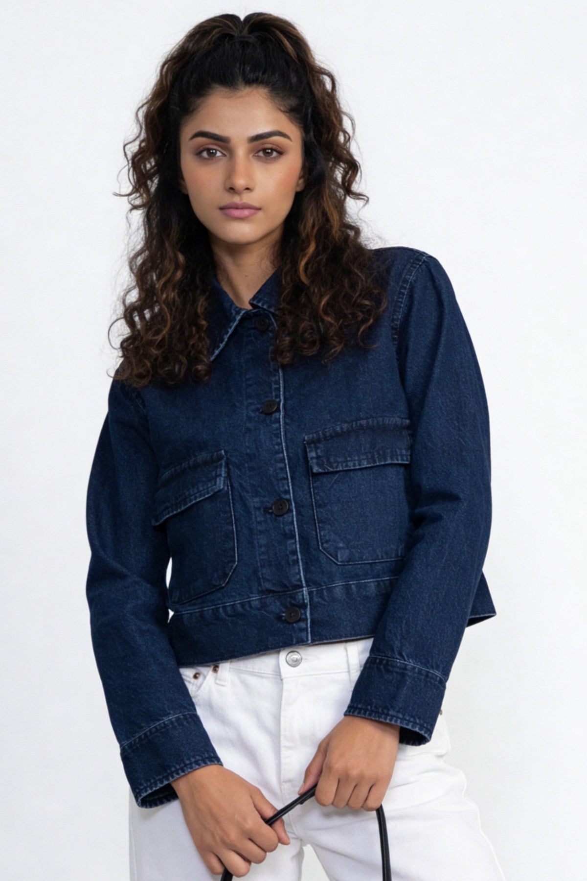 Blue Solid Regular Fit Denim Jacket for Women - Image 2