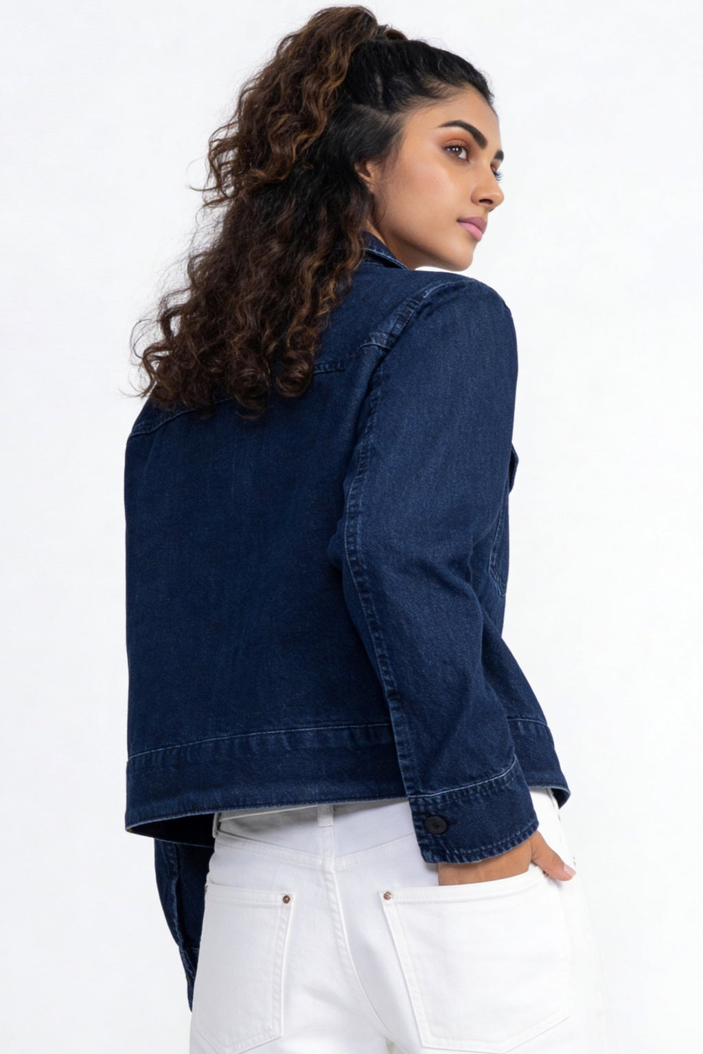 Blue Solid Regular Fit Denim Jacket for Women - Image 4