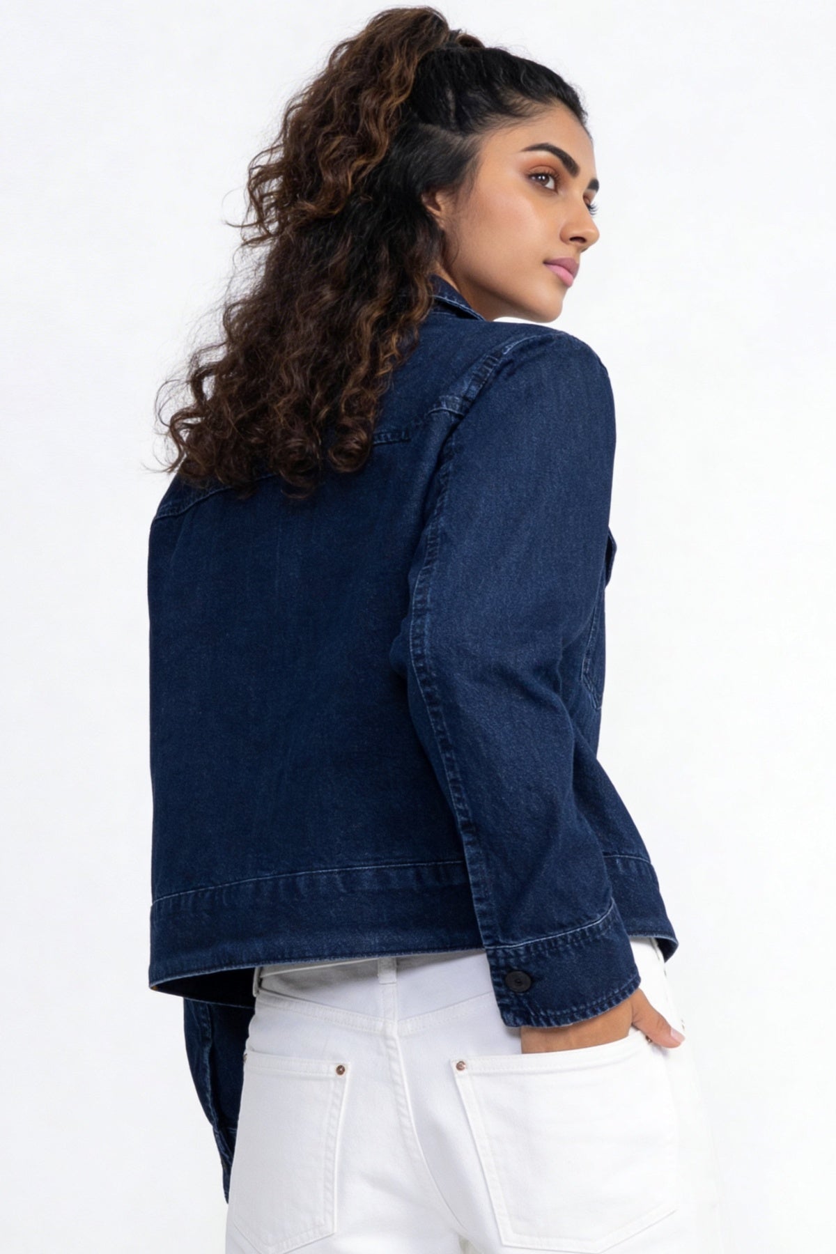 Blue Solid Regular Fit Denim Jacket for Women - Image 4