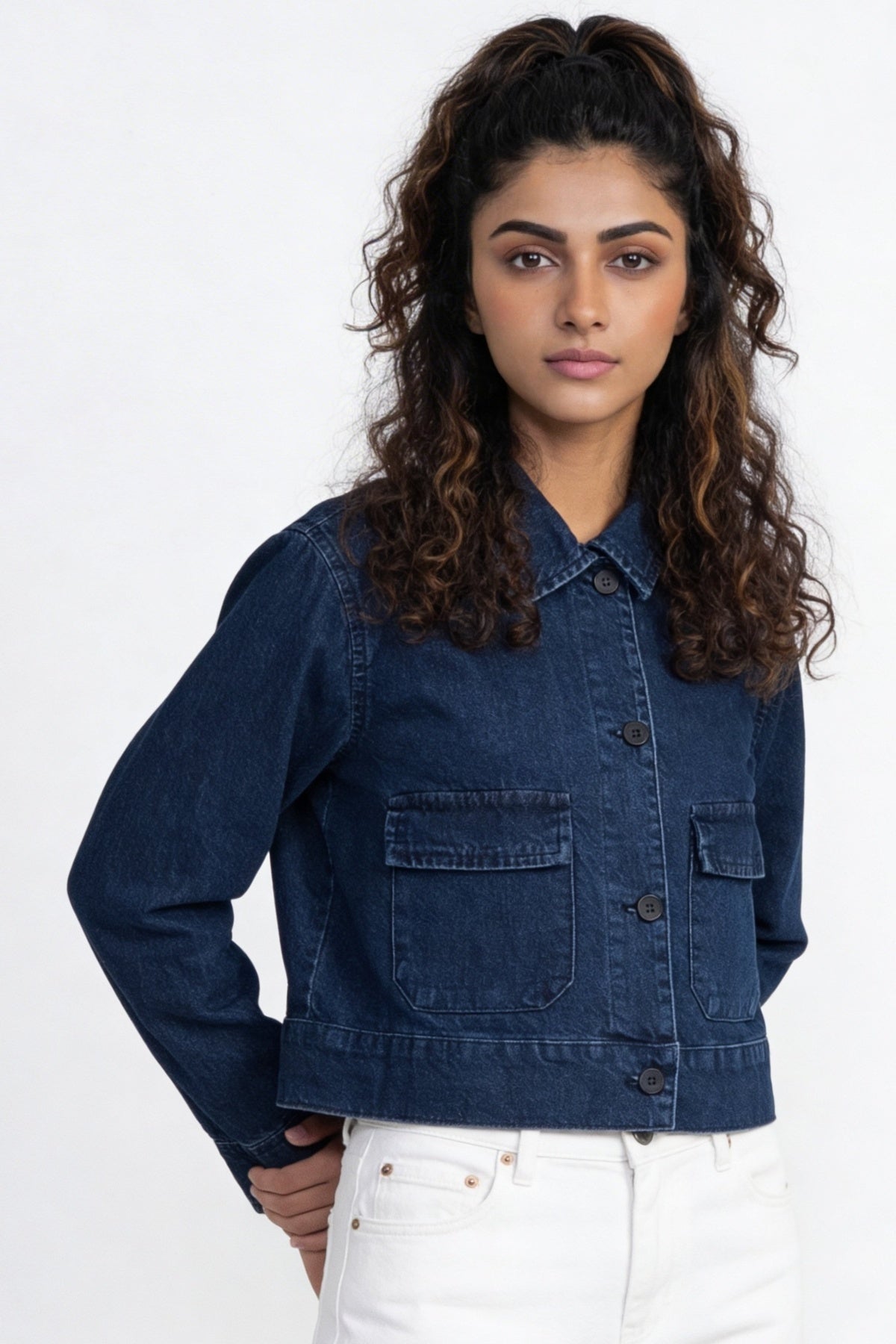 Blue Solid Regular Fit Denim Jacket for Women - Image 5