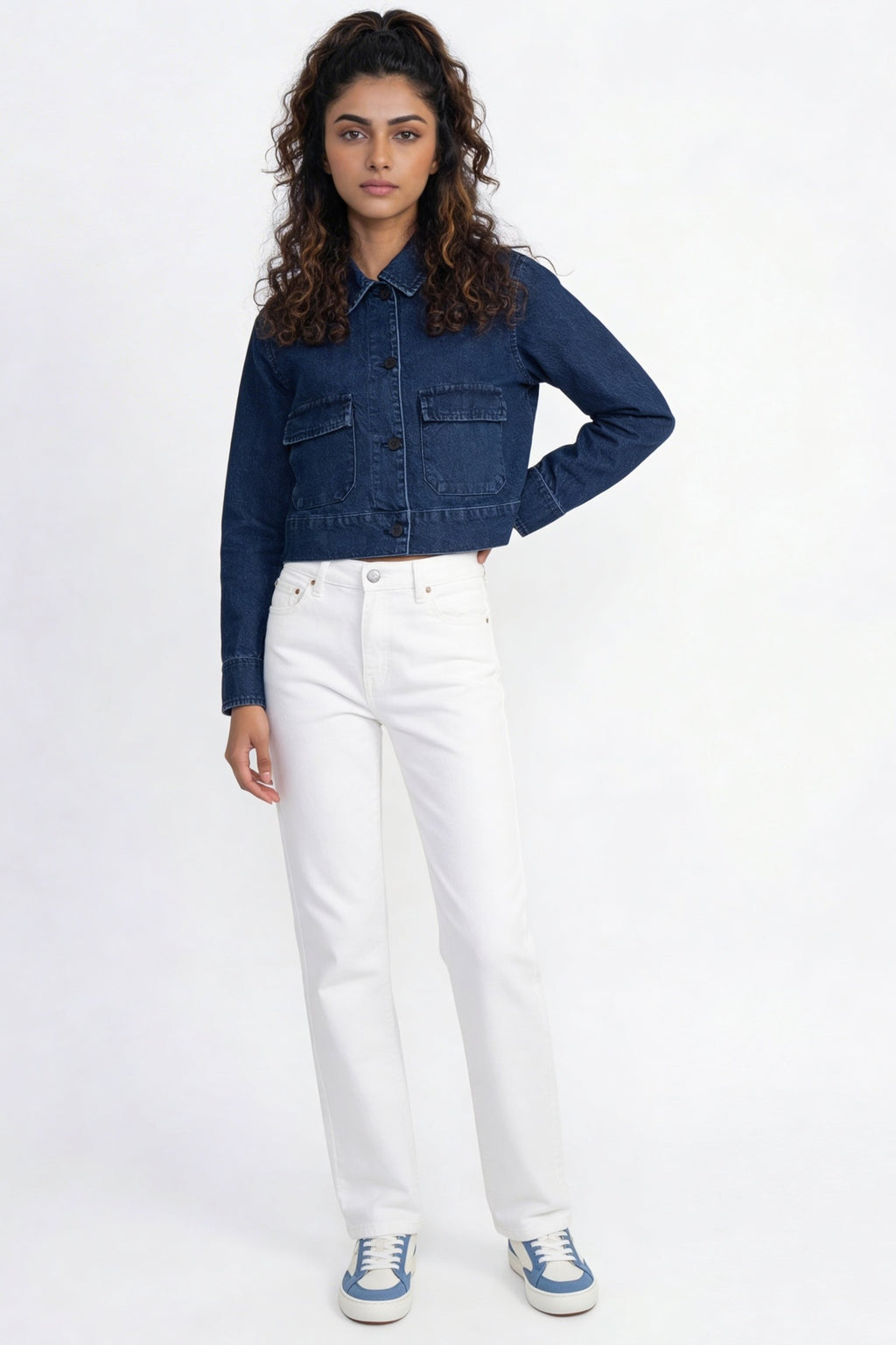 Blue Solid Regular Fit Denim Jacket for Women - Image 6