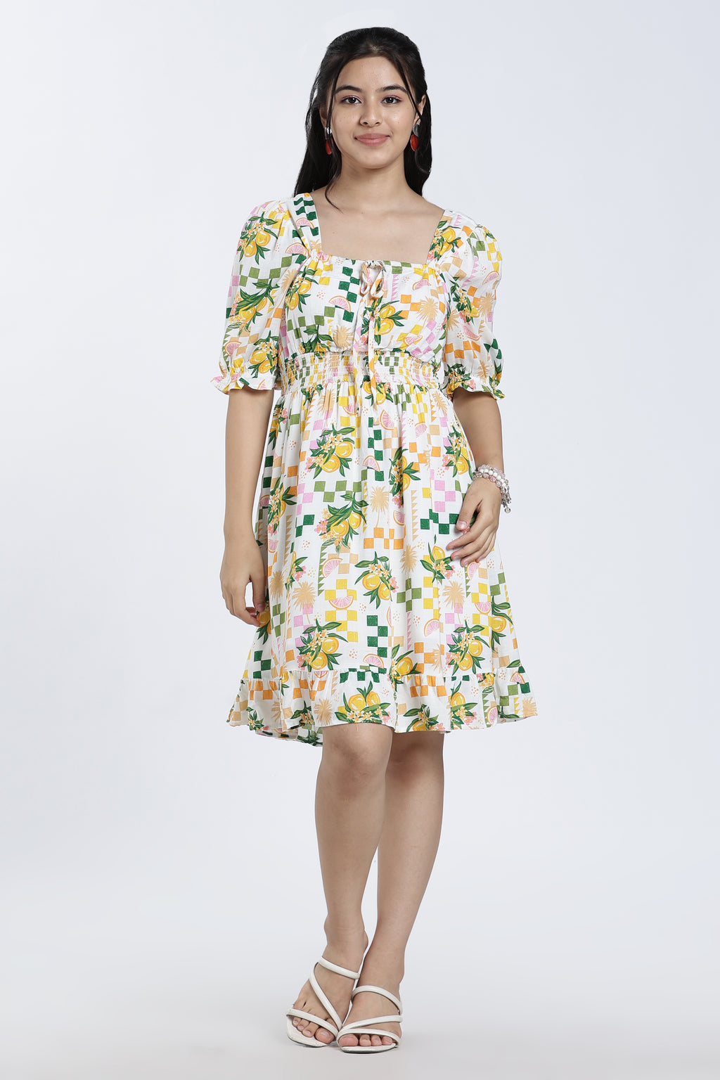 White Shirred Regular Fit Dress for Women - Image 2
