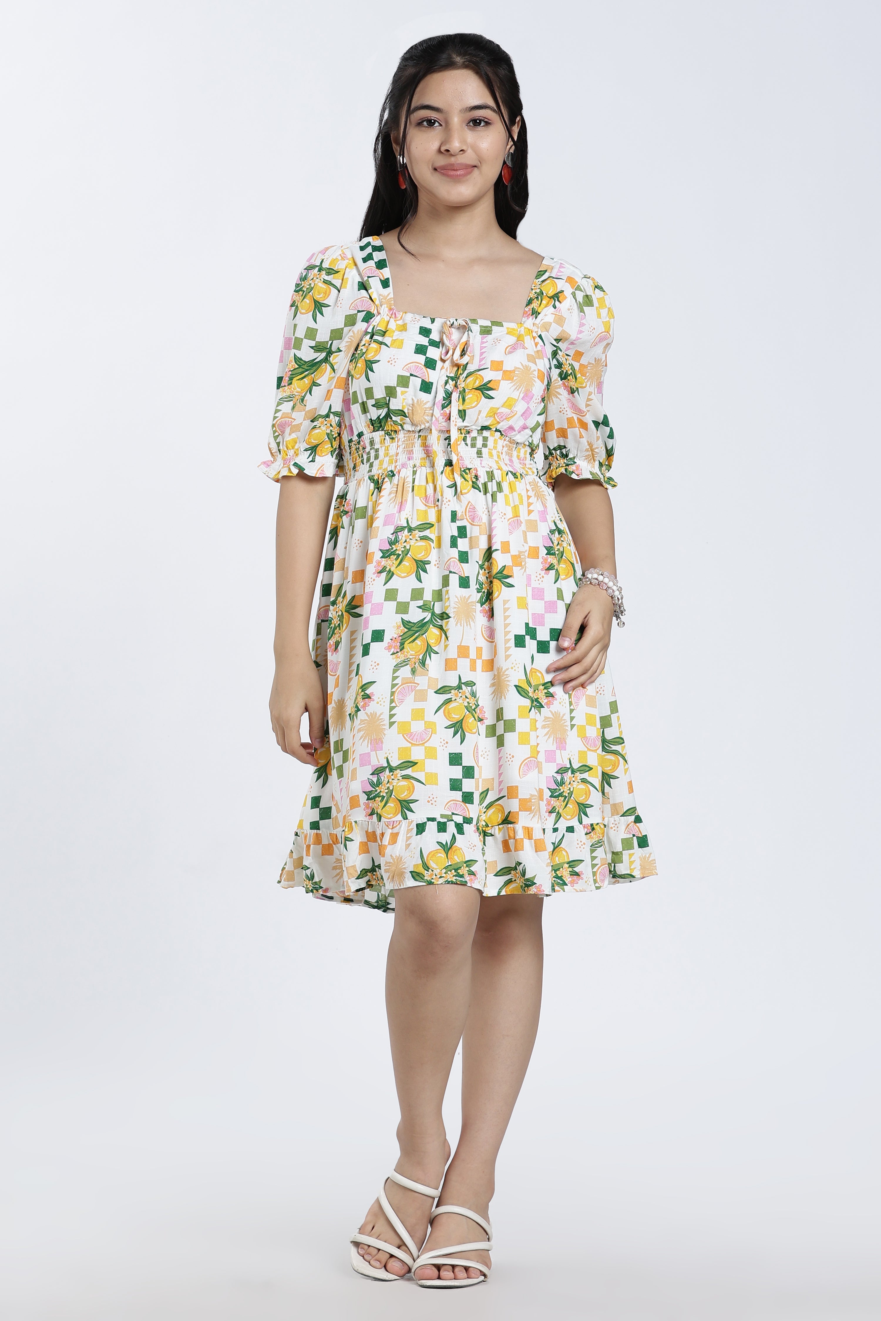 White Shirred Regular Fit Dress for Women - Image 2