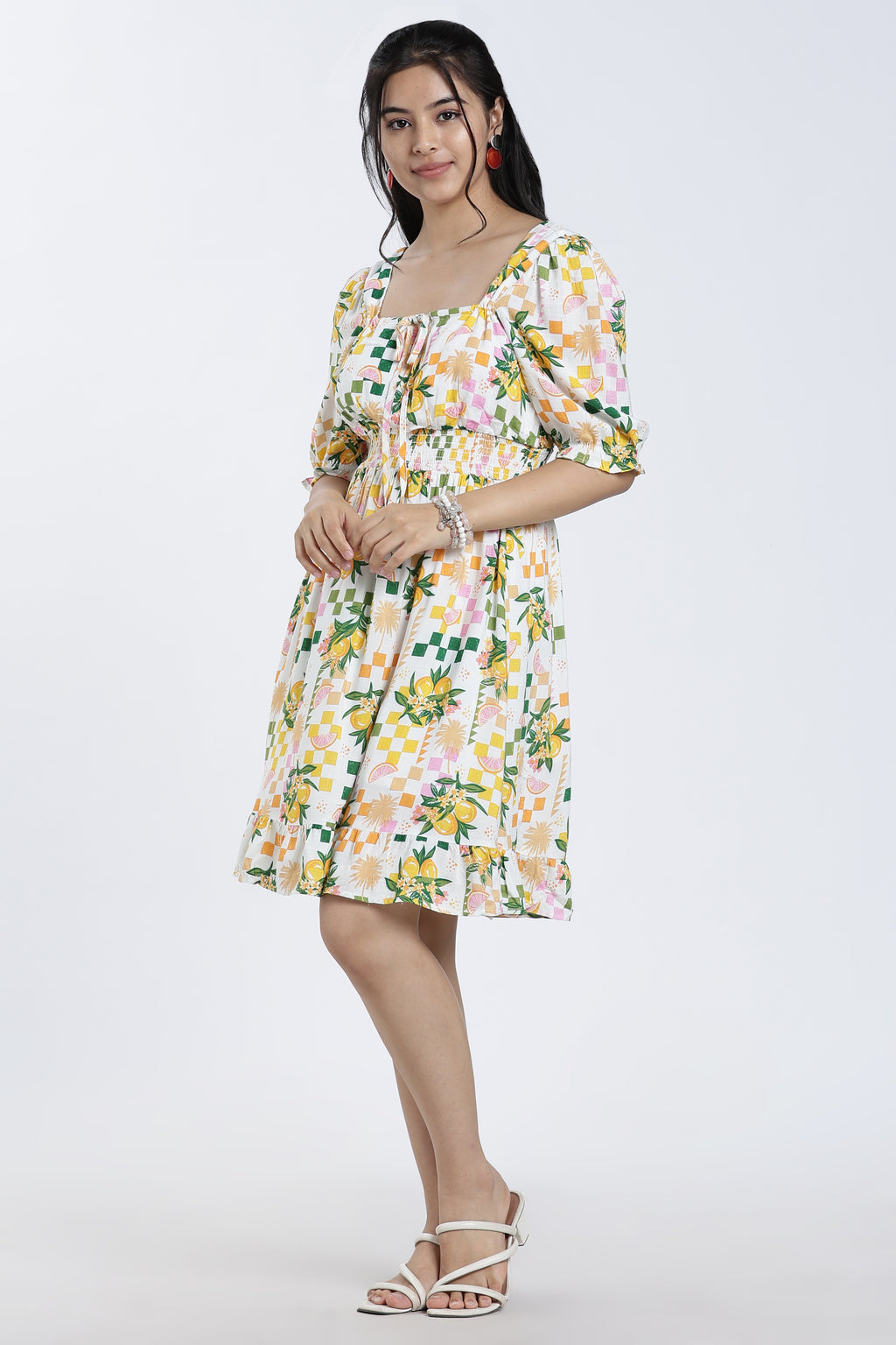 White Shirred Regular Fit Dress for Women - Image 4