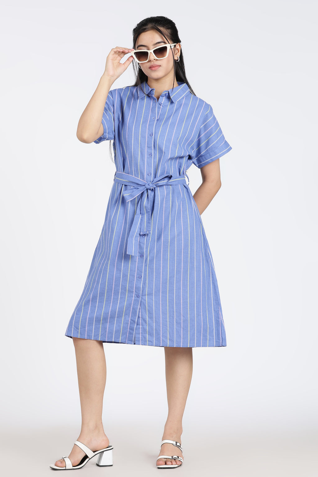 Blue Cotton Regular Fit Dress for Women - Image 6