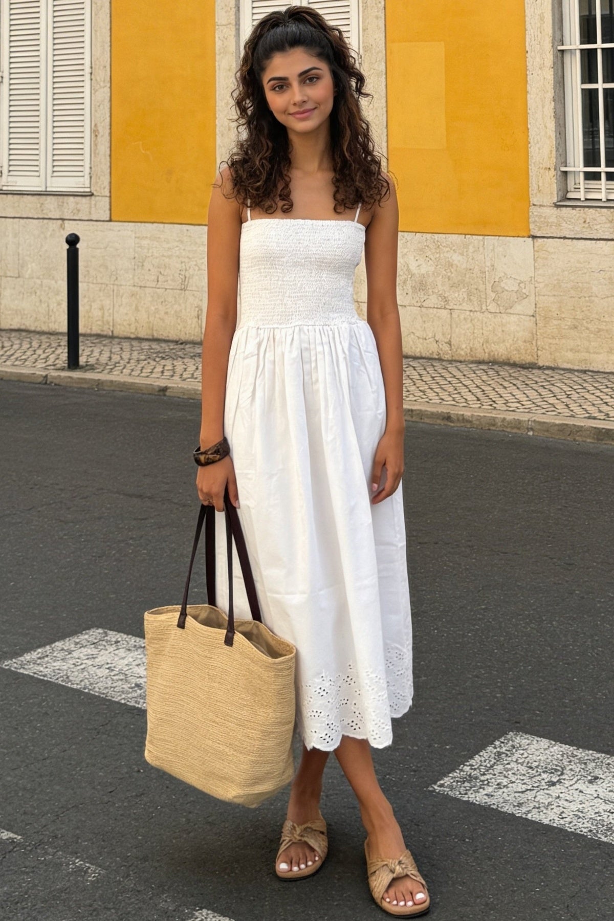 White Embroidered Shoulder Strap Regular Fit Dress for Women - Image 1