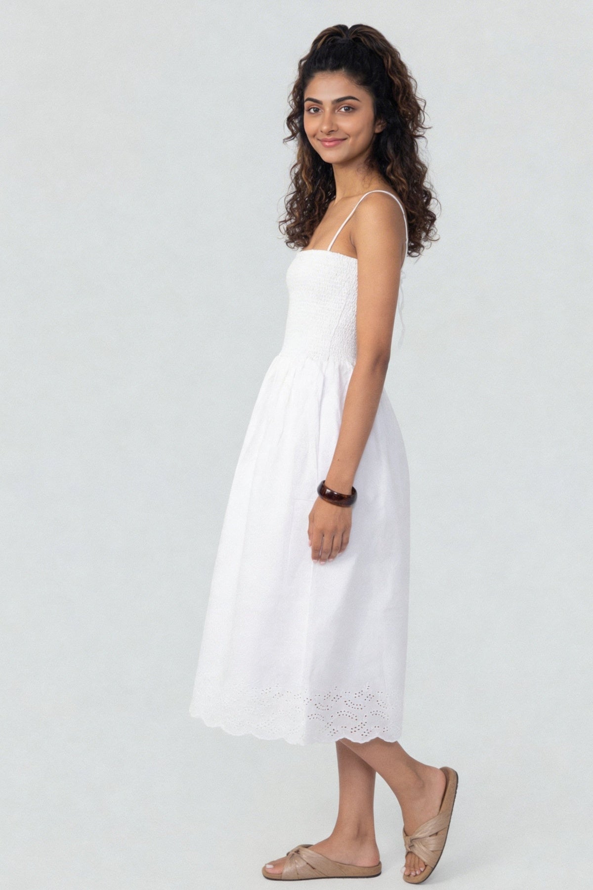White Embroidered Shoulder Strap Regular Fit Dress for Women - Image 2