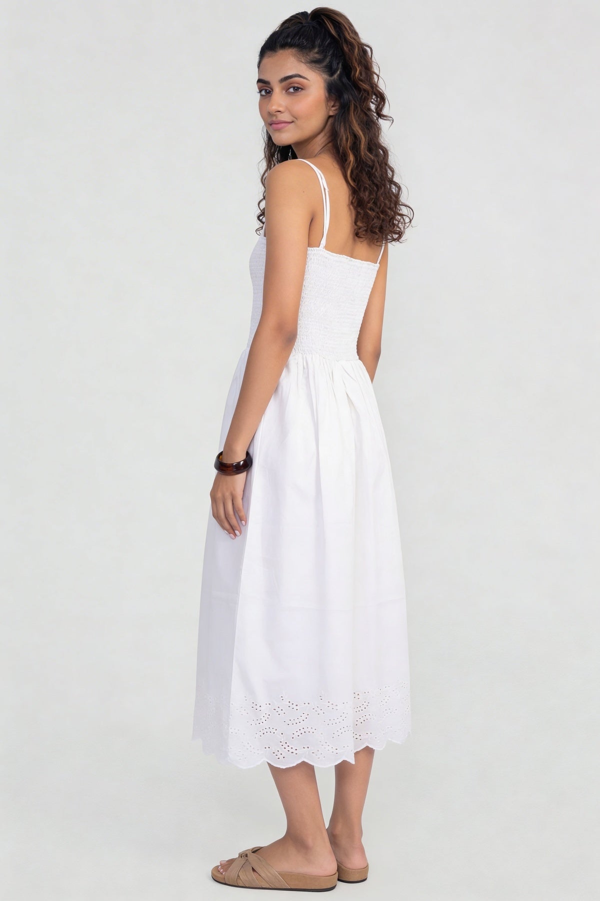 White Embroidered Shoulder Strap Regular Fit Dress for Women - Image 4